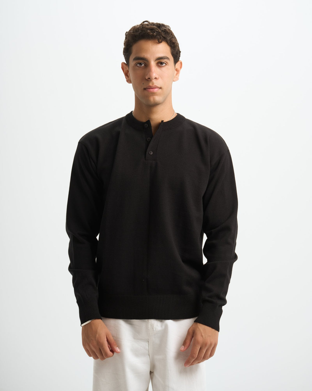 Blank Henley Knitted Sweater - Black - #men
