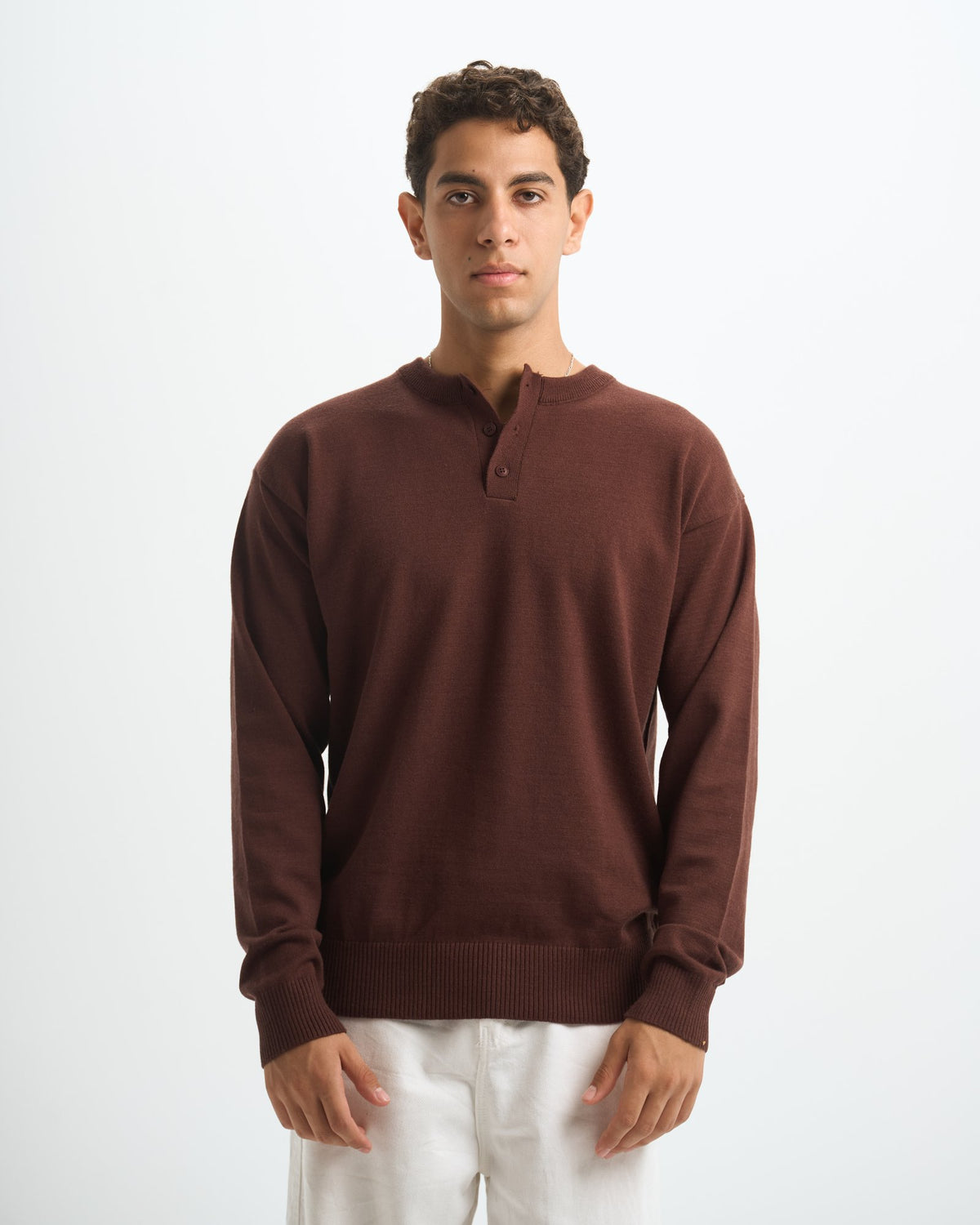 Blank Henley Knitted Sweater - Brown - #men