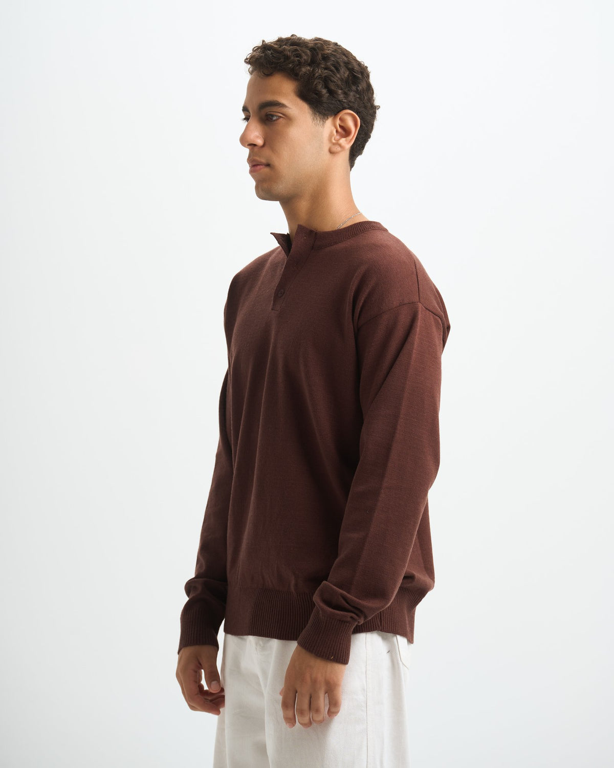 Blank Henley Knitted Sweater - Brown - #men