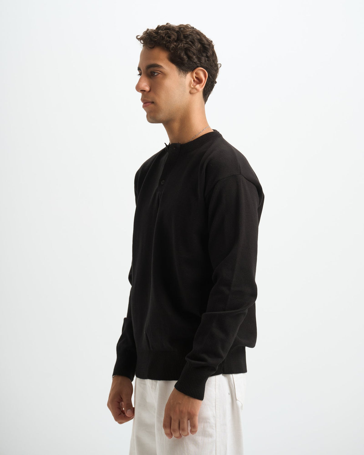 Blank Henley Knitted Sweater - Black - #men