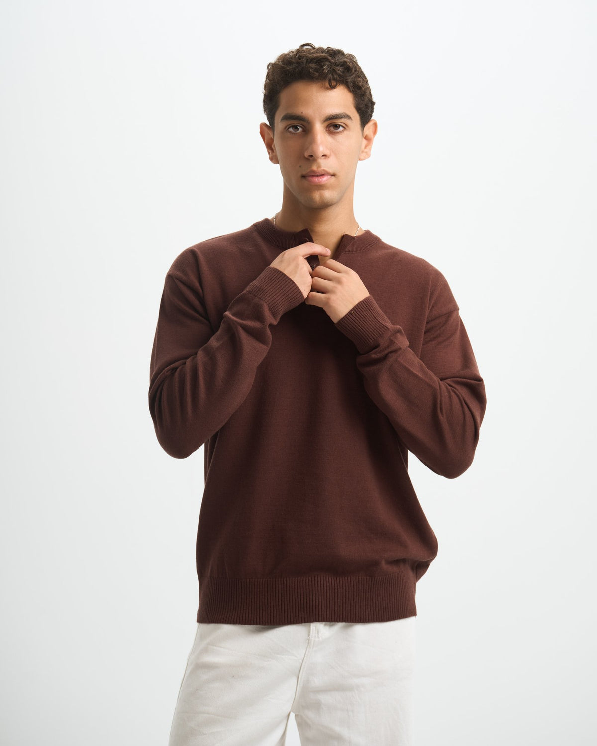 Blank Henley Knitted Sweater - Brown - #men