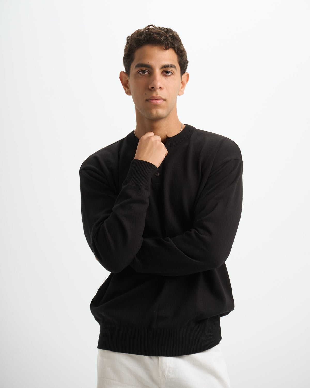 Blank Henley Knitted Sweater - Black - #men