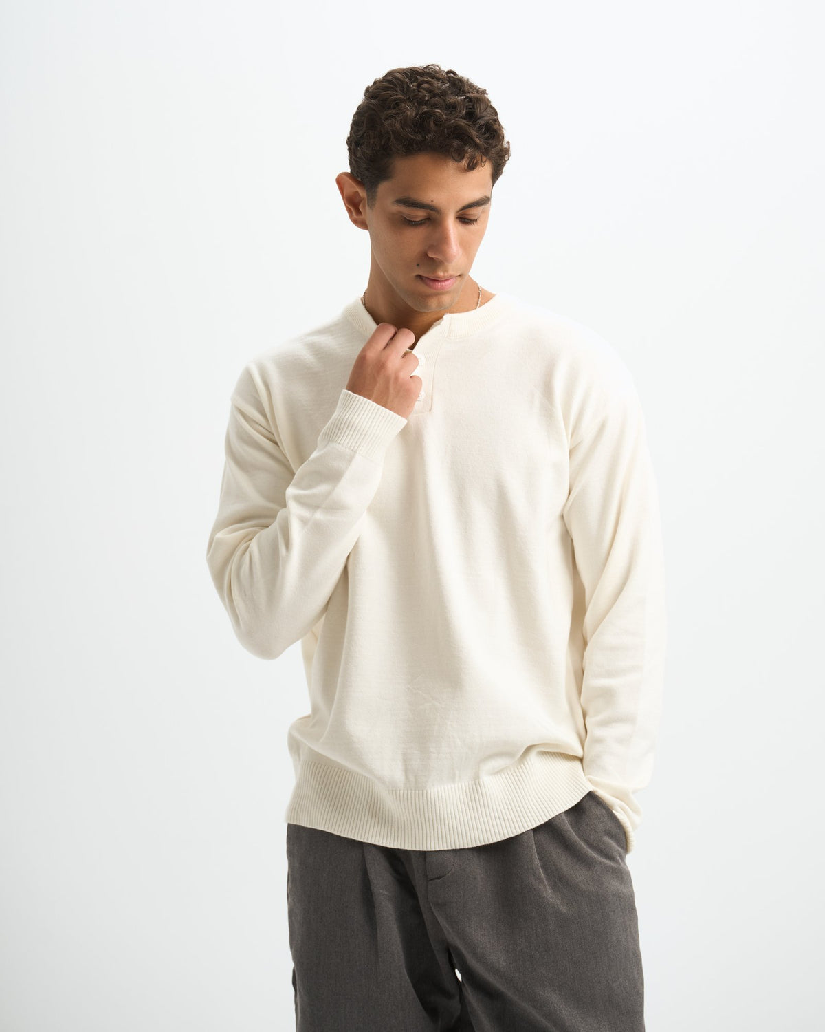 Blank Henley Knitted Sweater - White - #men
