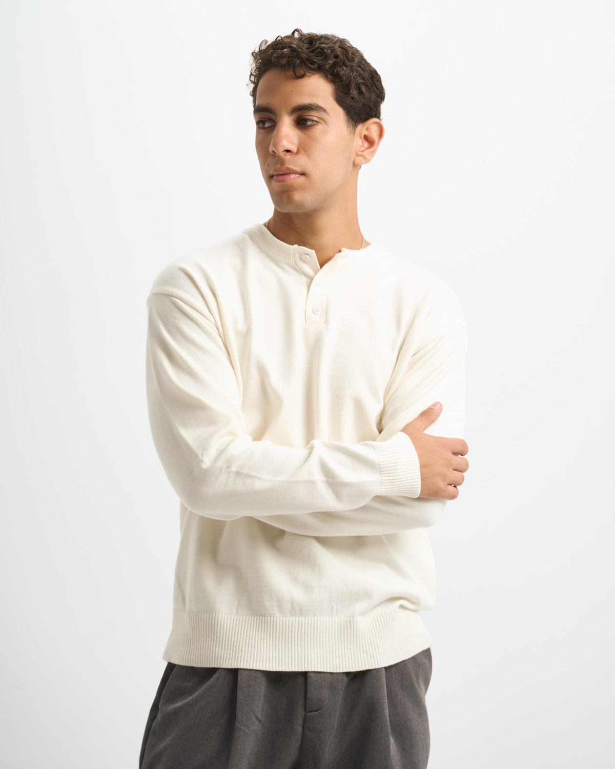Blank Henley Knitted Sweater - White - #men