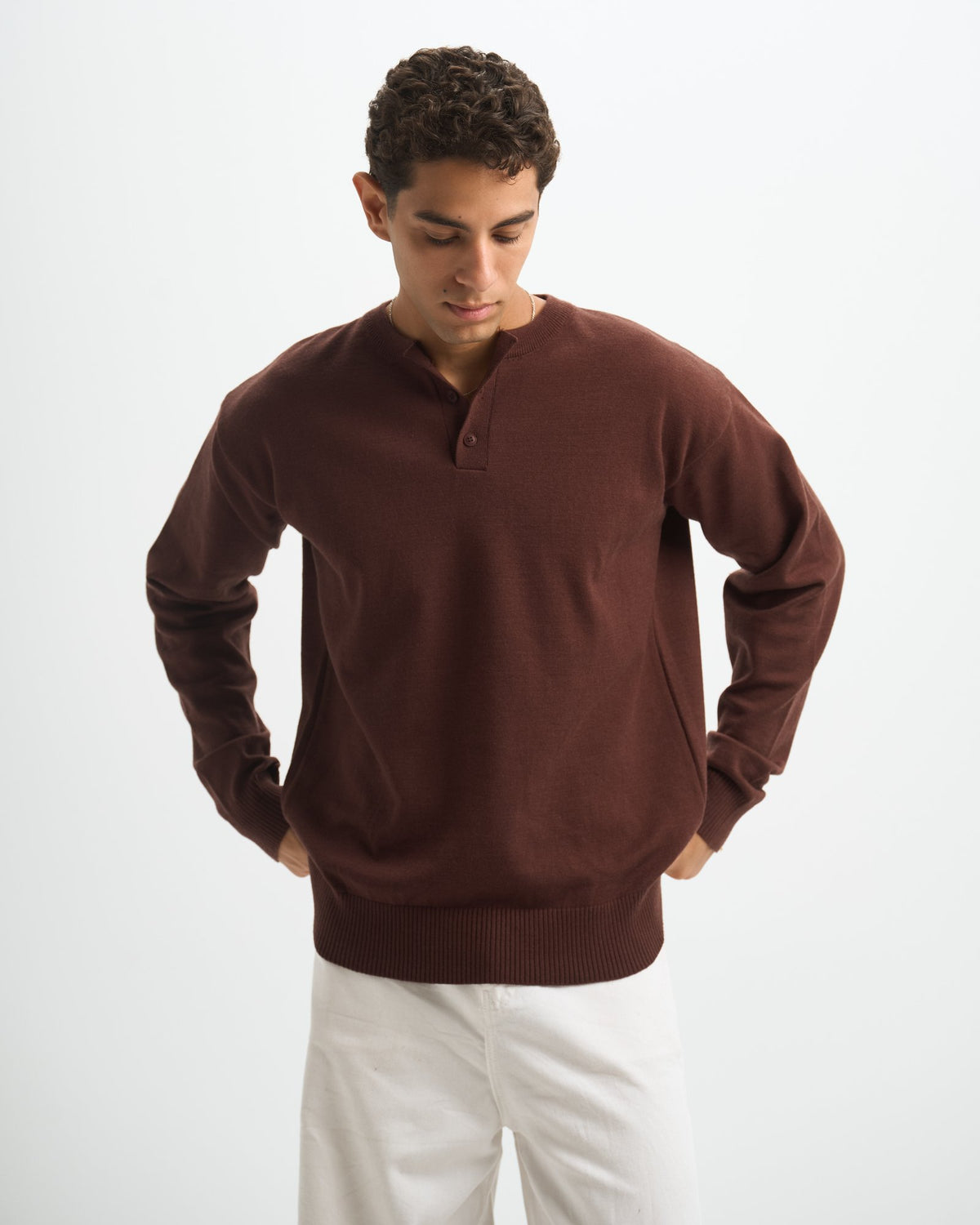 Blank Henley Knitted Sweater - Brown - #men