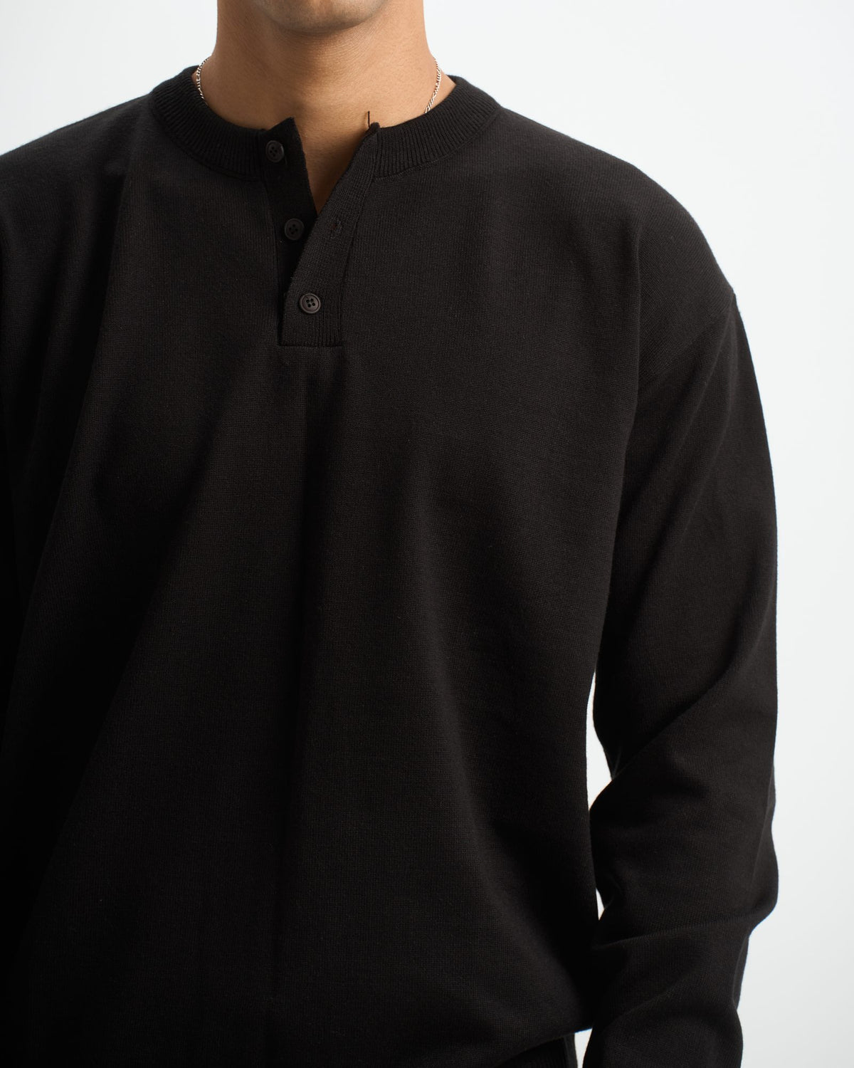 Blank Henley Knitted Sweater - Black - #men