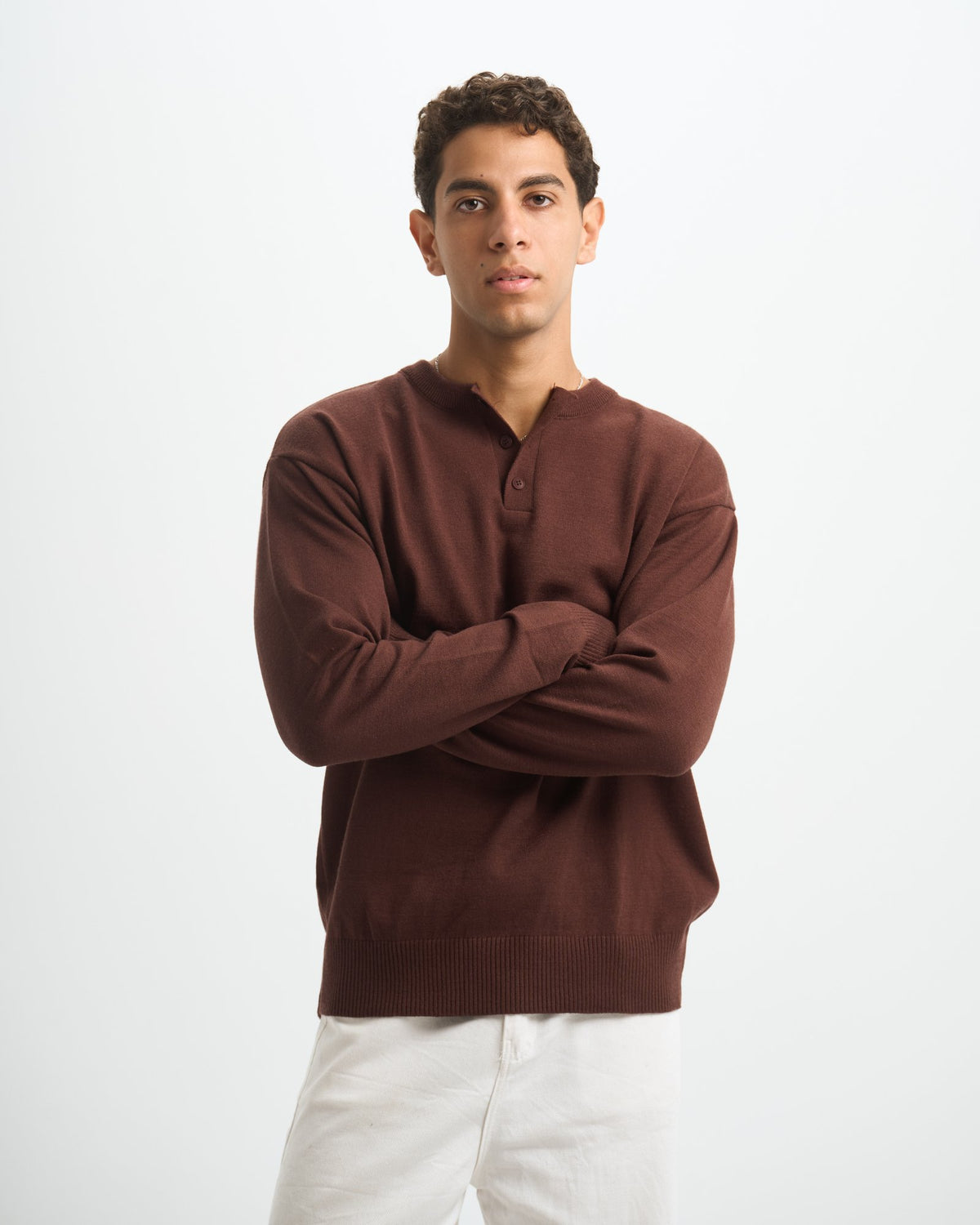 Blank Henley Knitted Sweater - Brown - #men