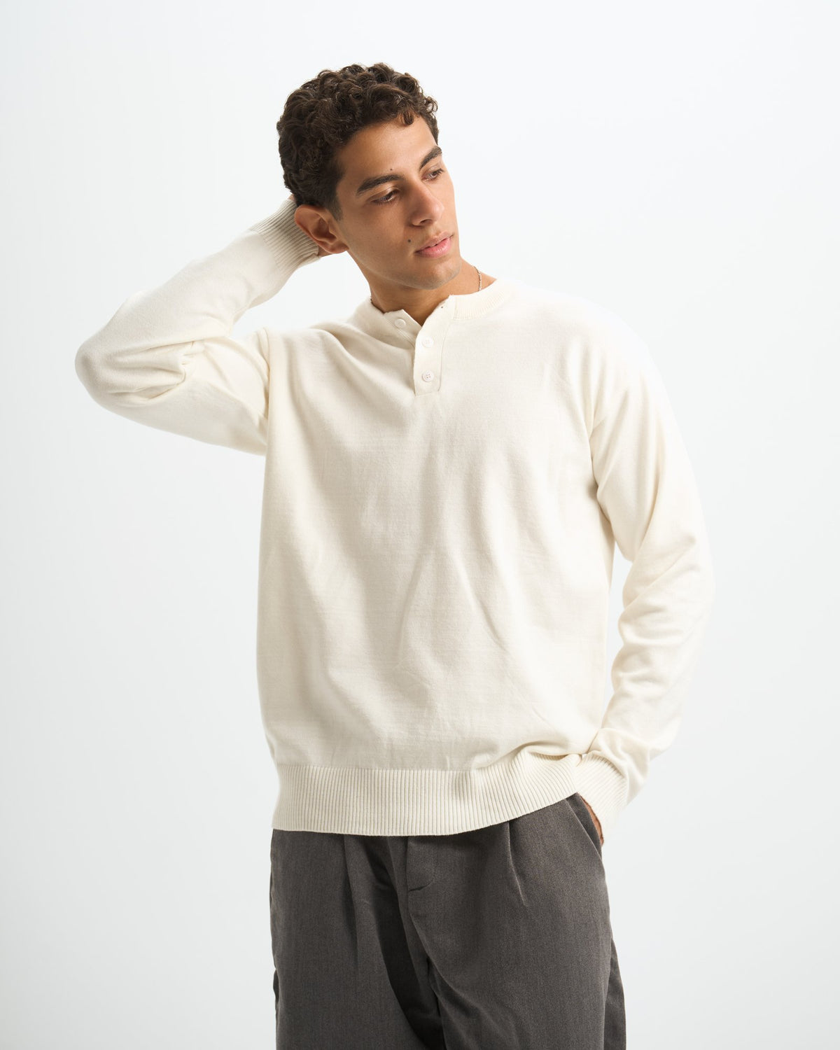 Blank Henley Knitted Sweater - White - #men