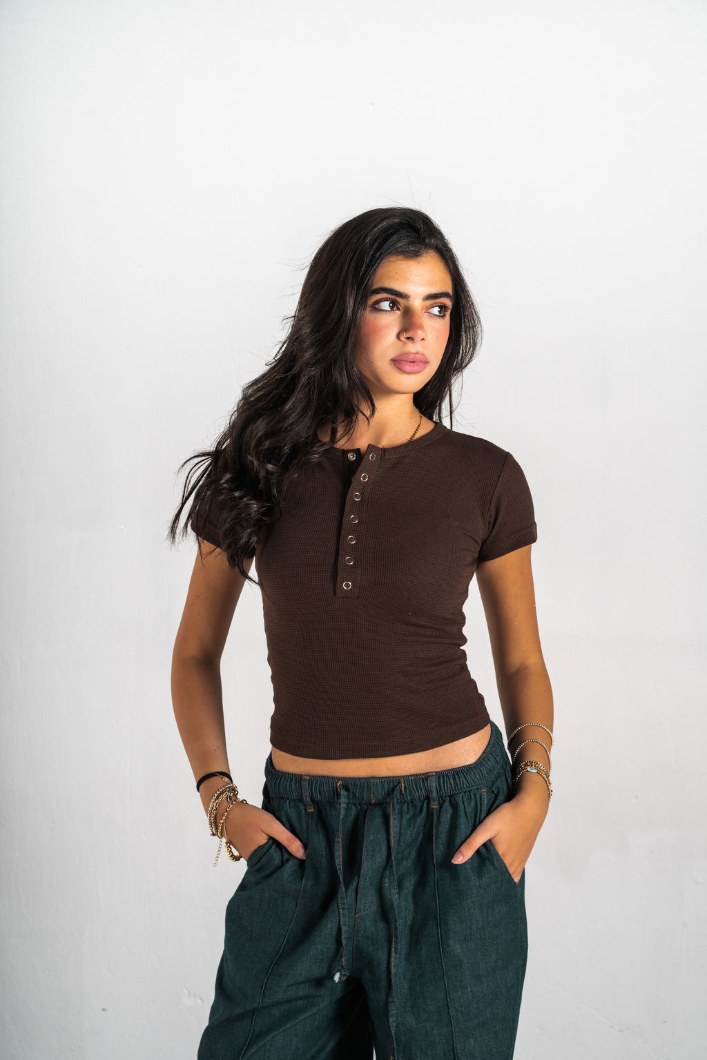 Blank Brown Henley Women Tee