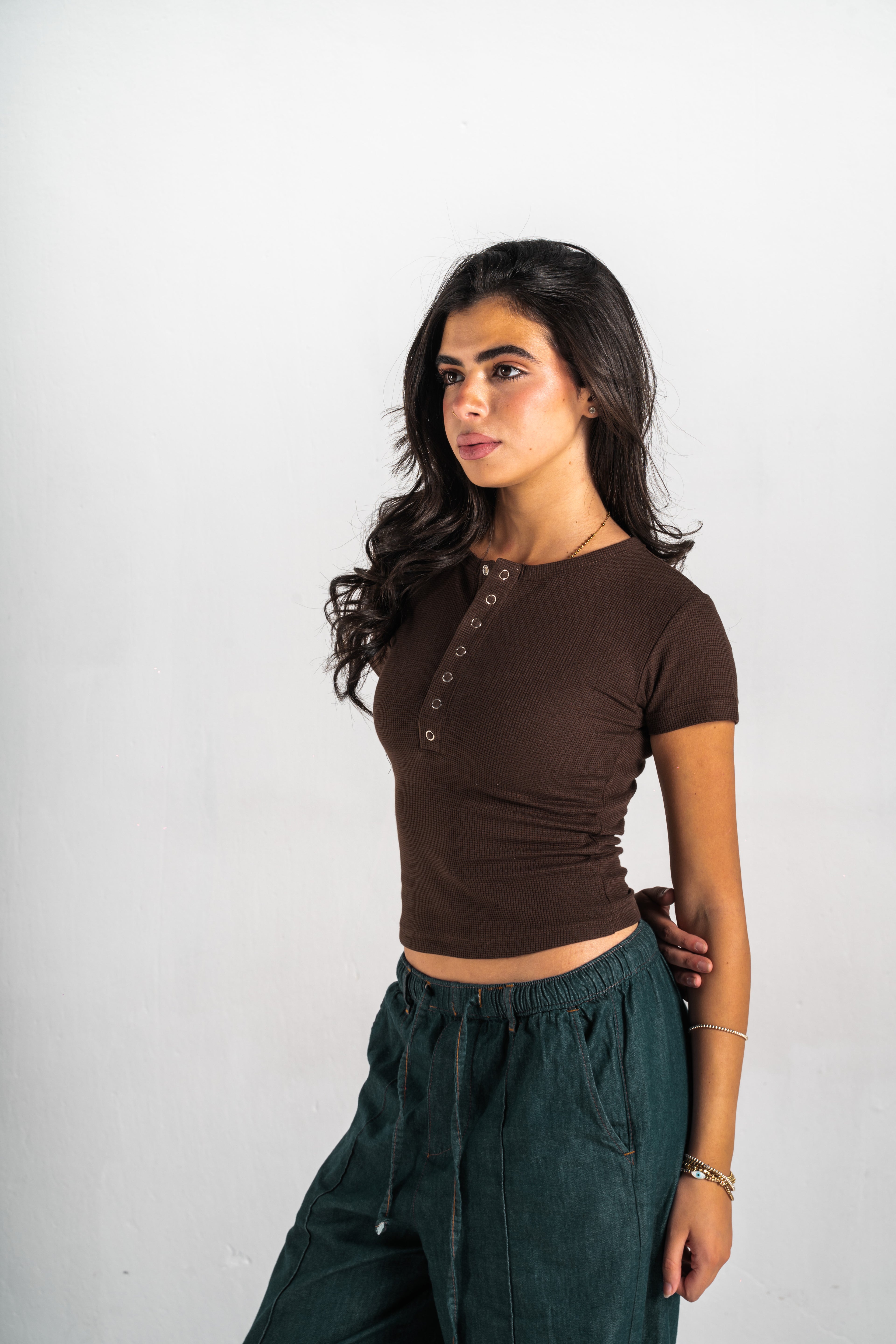 Blank Brown Henley Women Tee