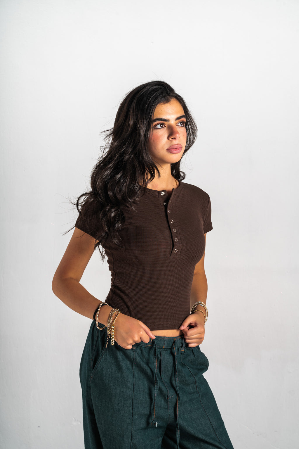 Blank Brown Henley Women Tee
