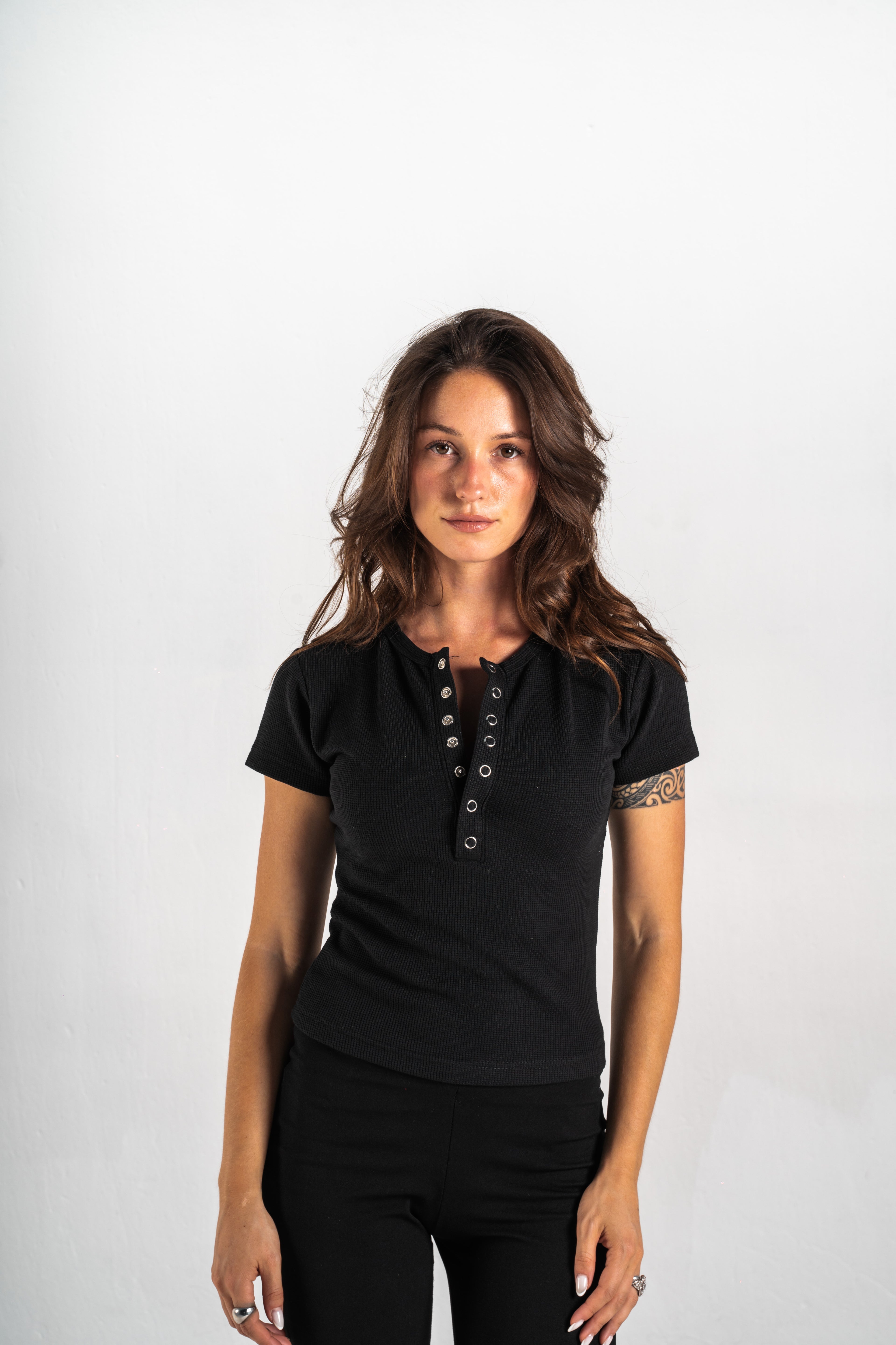Blank Black Henley Women Tee