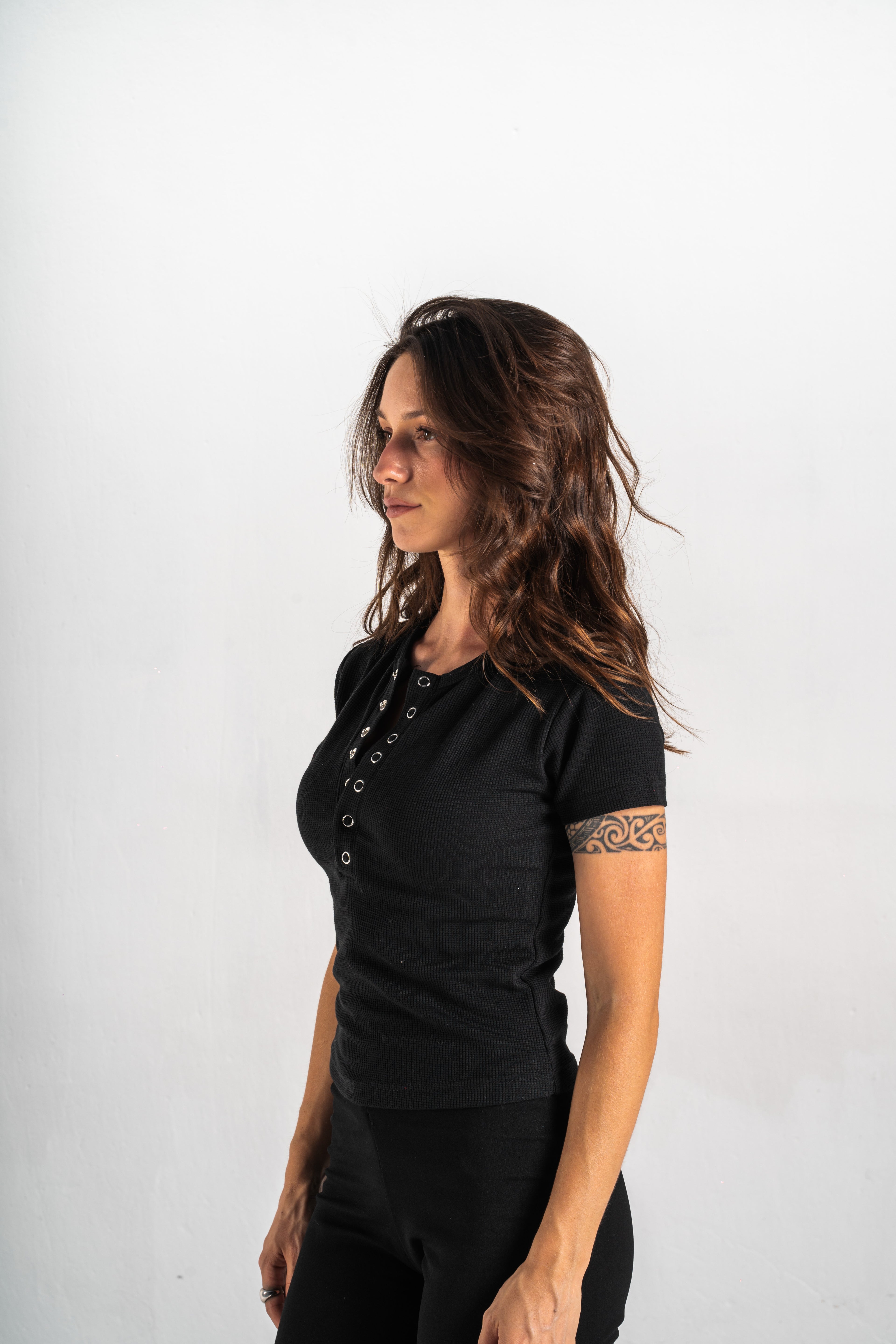Blank Black Henley Women Tee