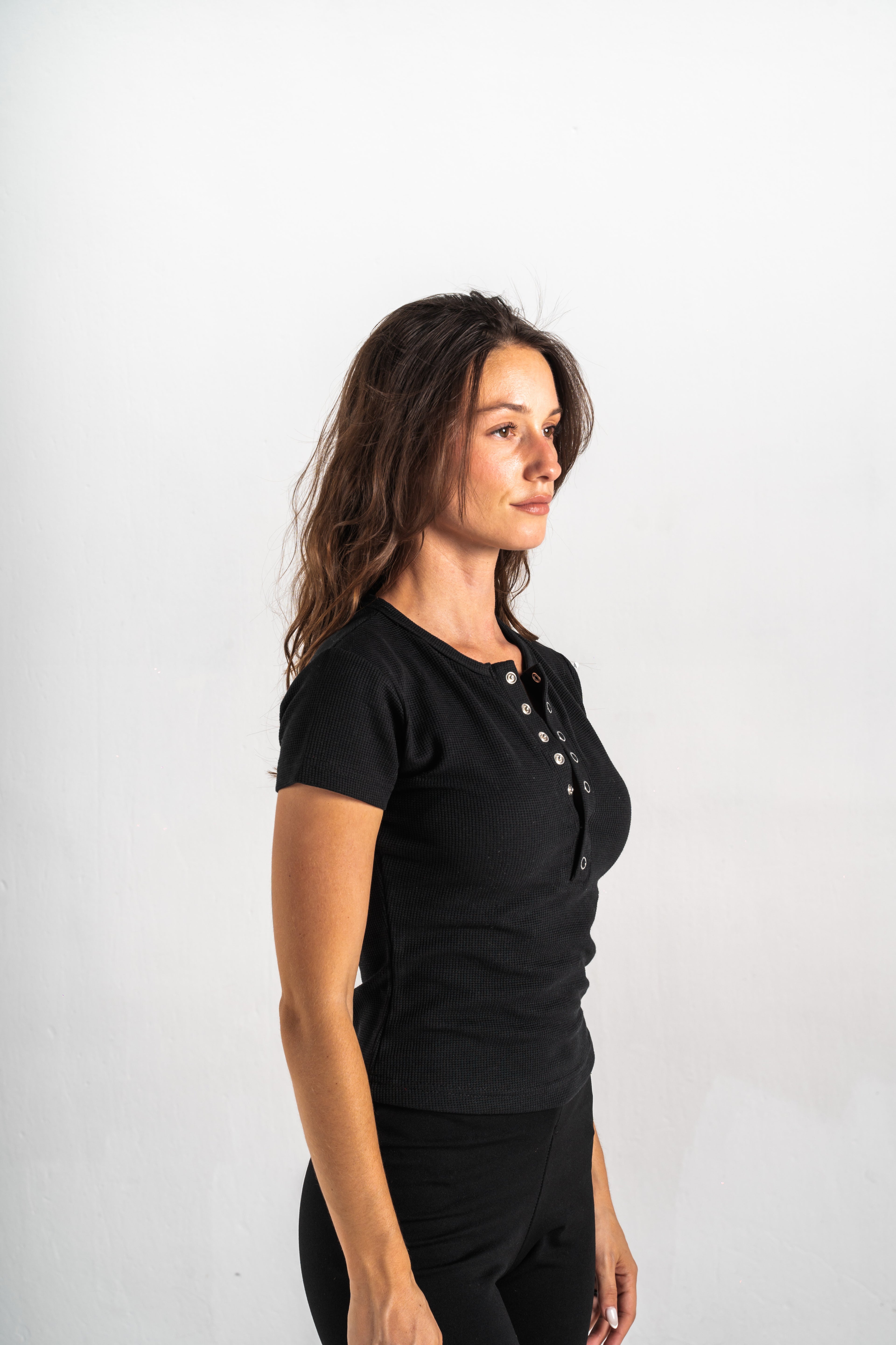 Blank Black Henley Women Tee