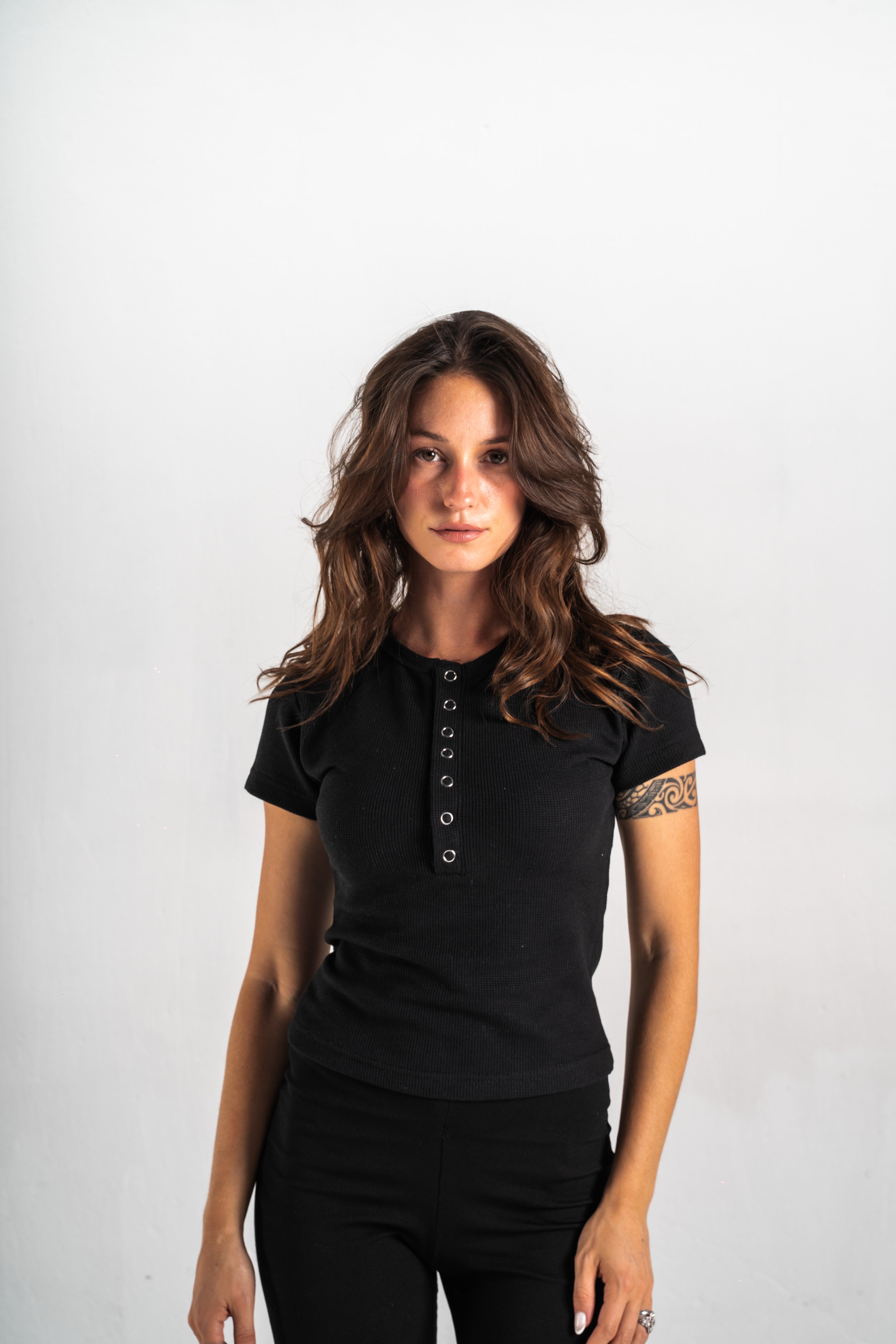 Blank Black Henley Women Tee