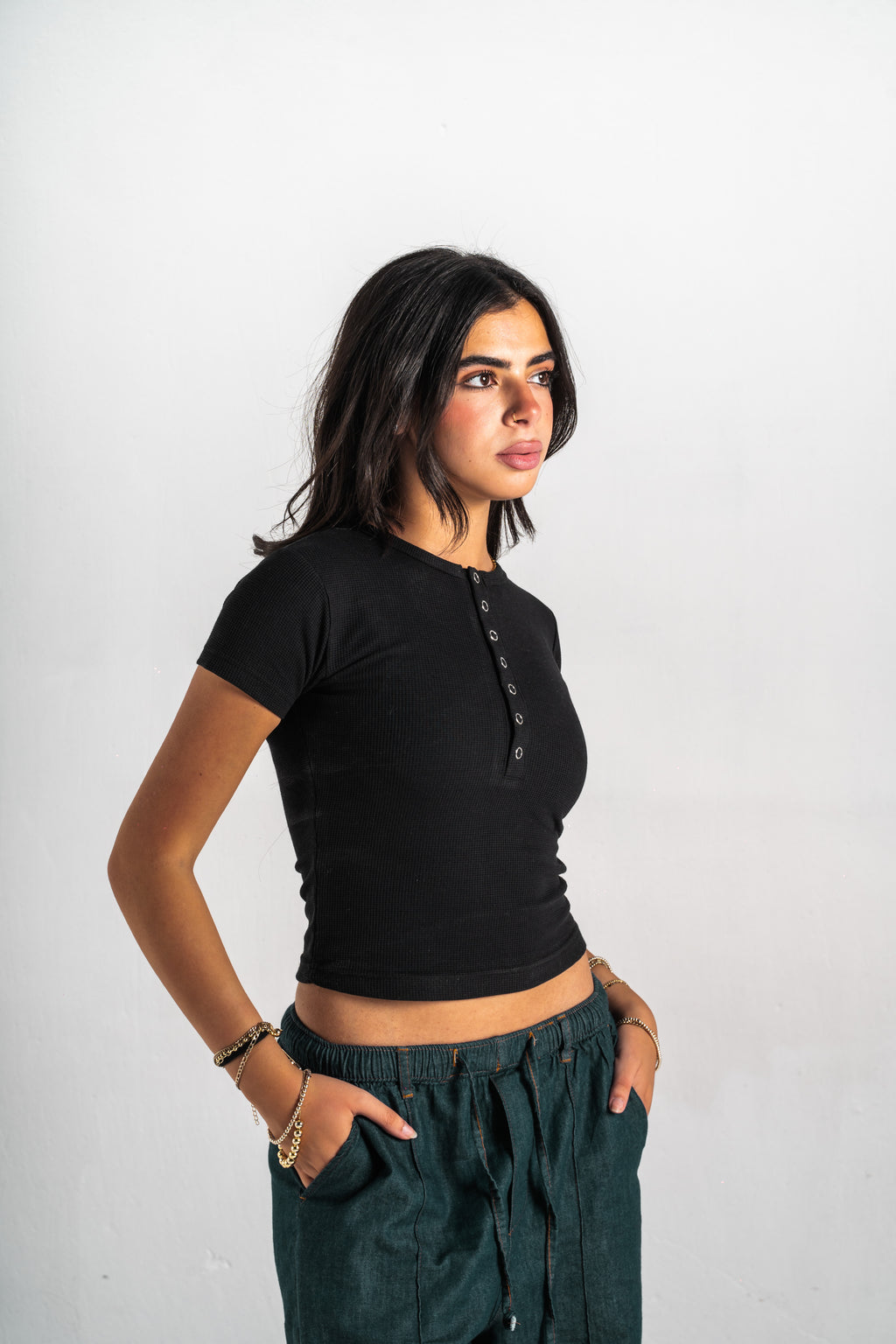 Blank Black Henley Women Tee