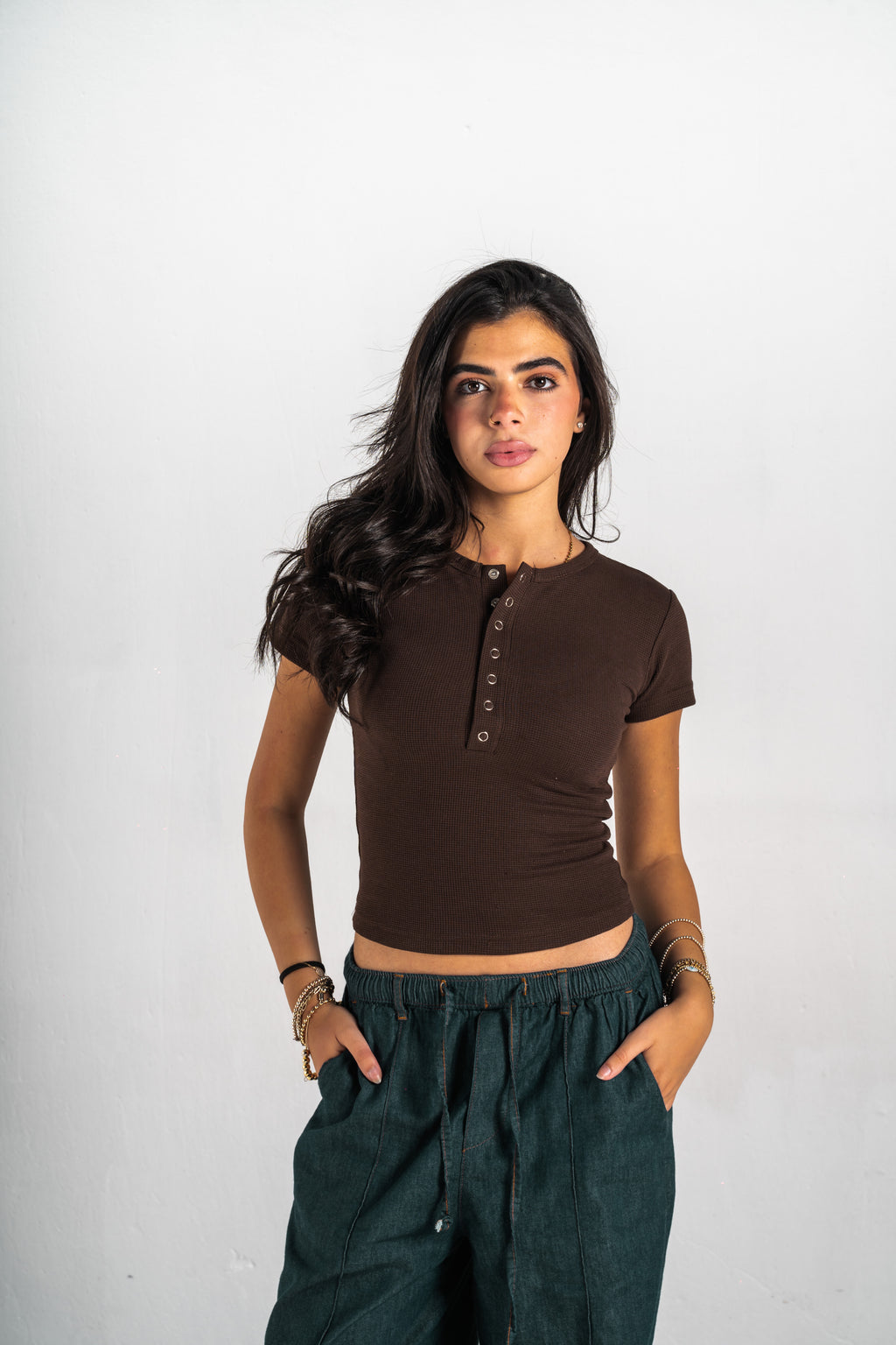 Blank Brown Henley Women Tee