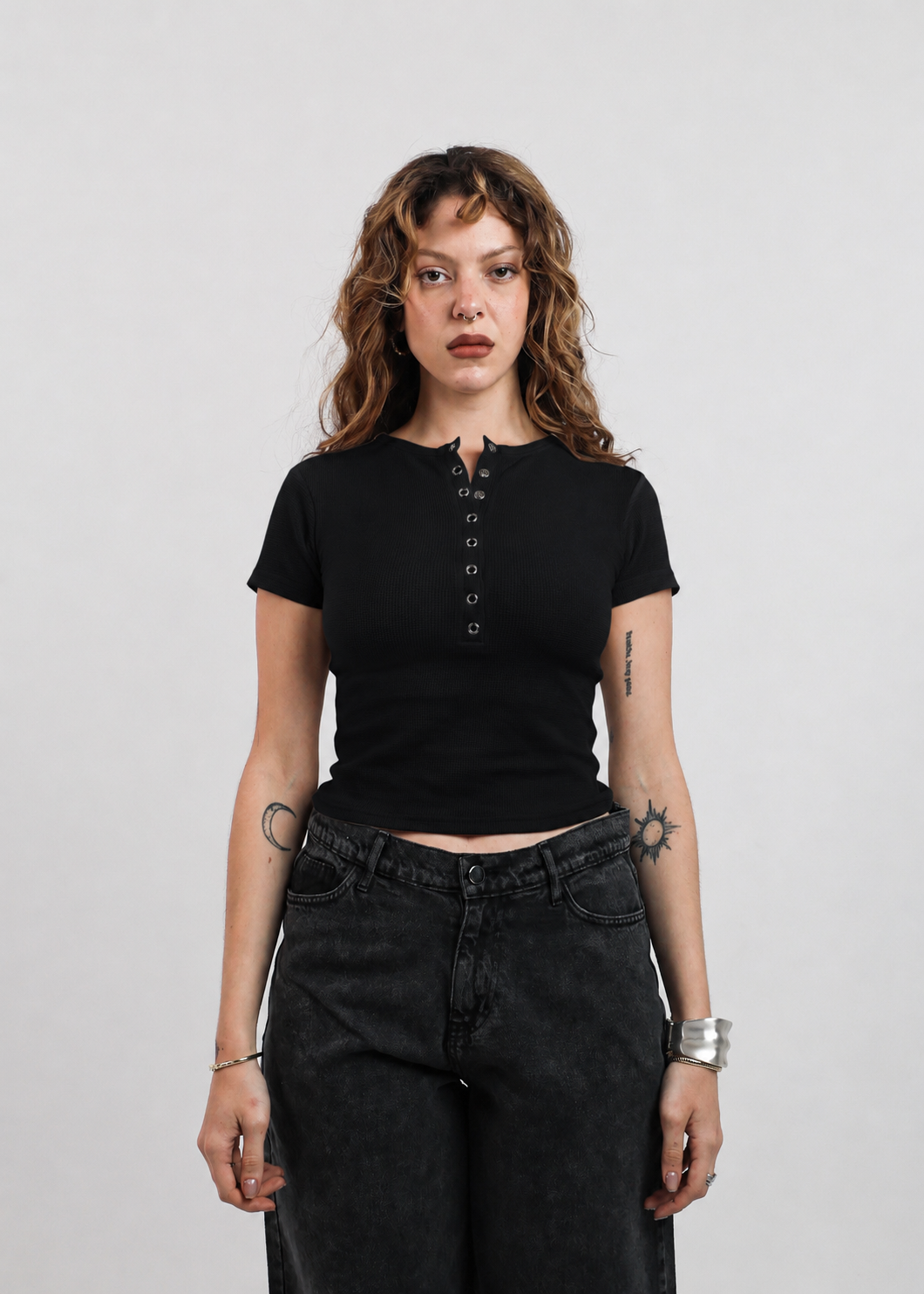 Blank Black Henley Women Tee
