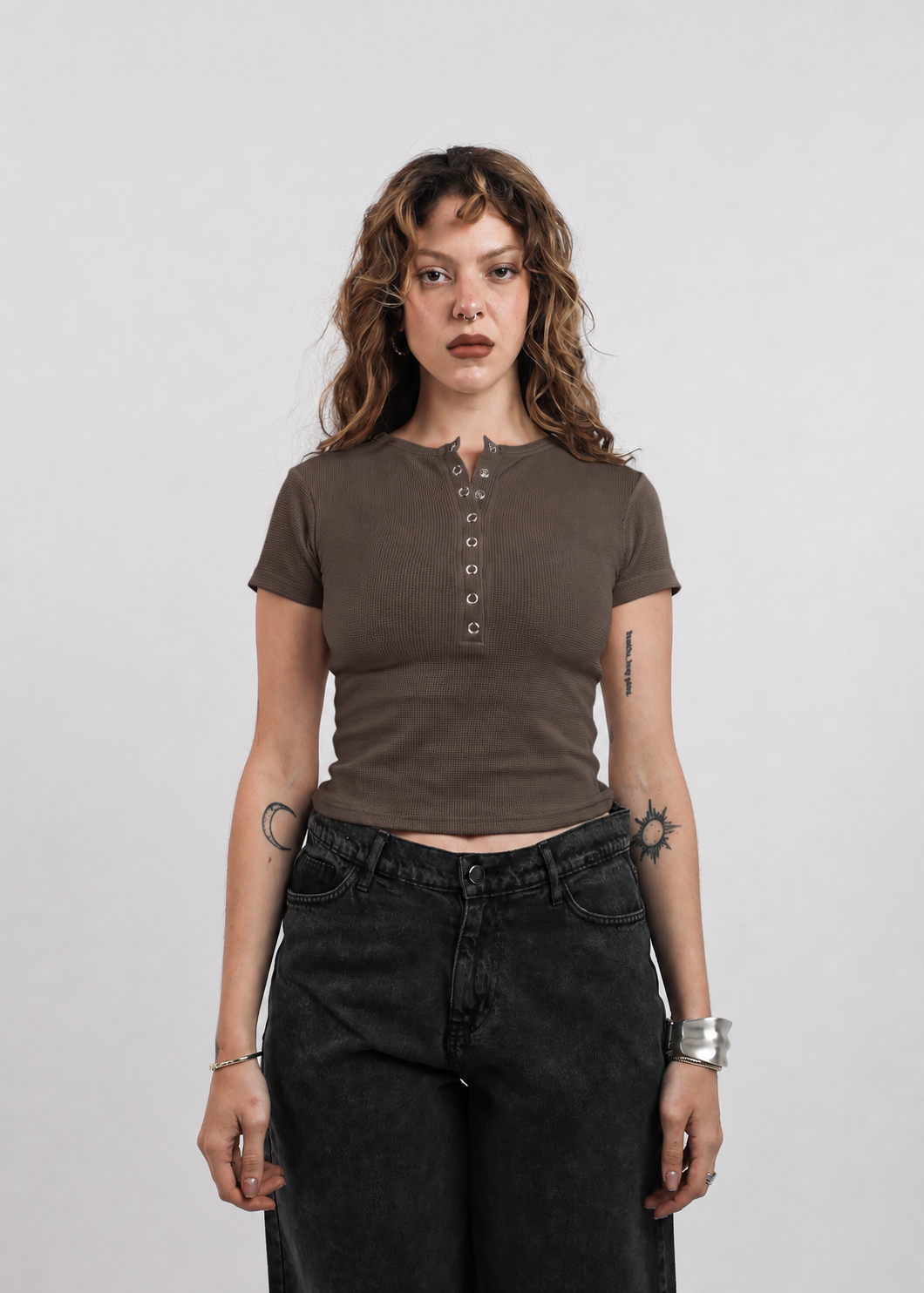 Blank Brown Henley Women Tee