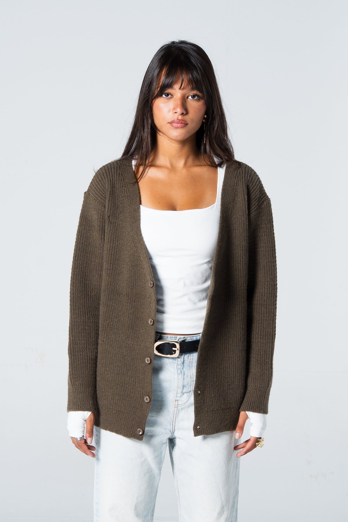 Blank Knitted Cardigan - Olive - #women