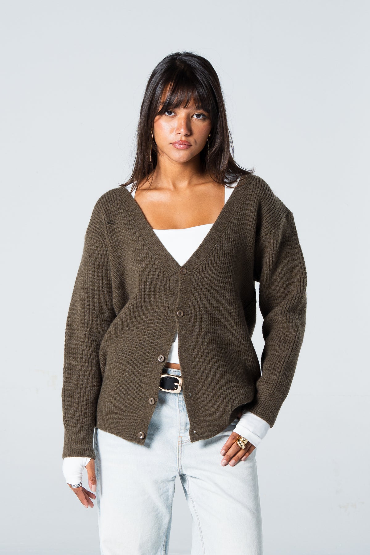 Blank Knitted Cardigan - Olive - #women