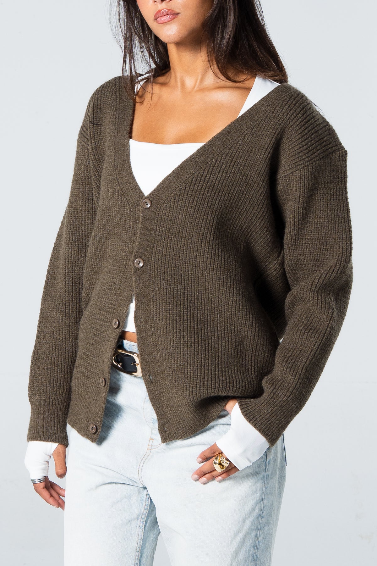 Blank Knitted Cardigan - Olive - #women