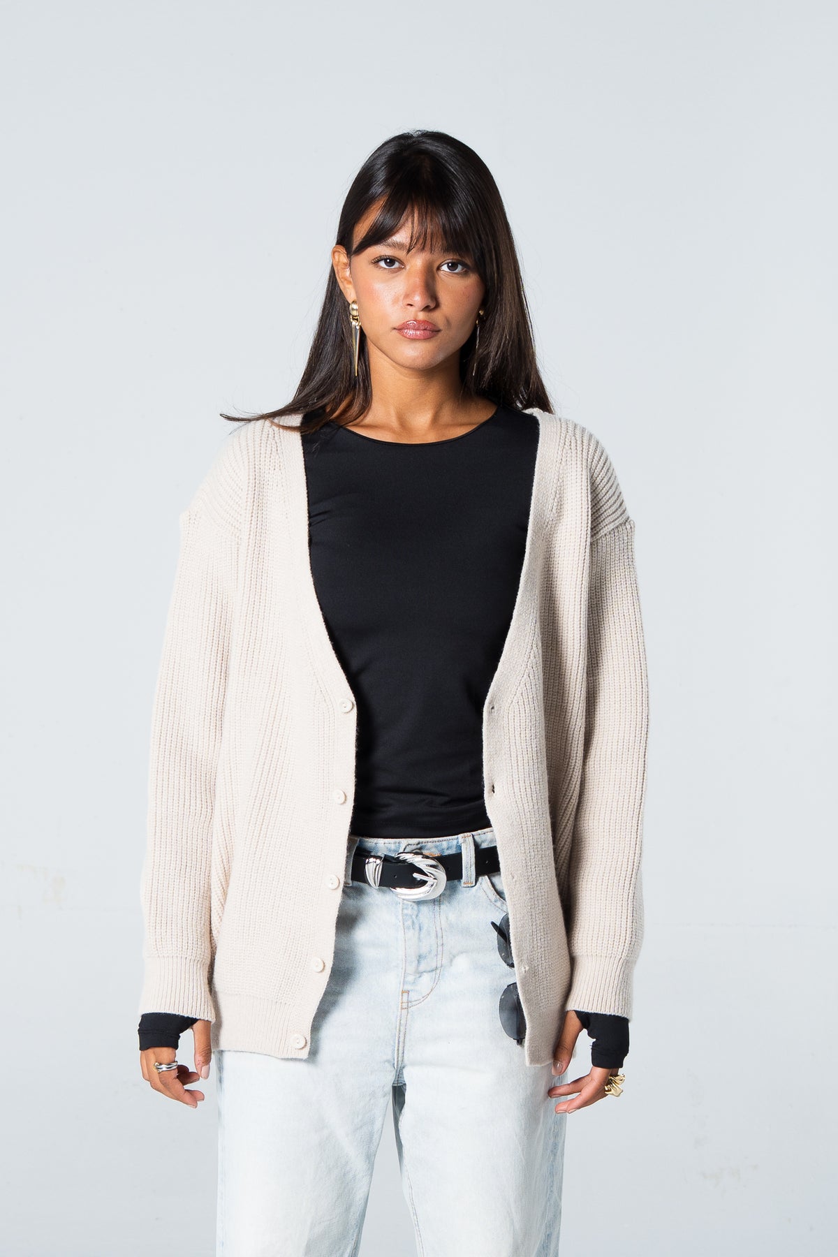 Blank Knitted Cardigan - Beige - #women