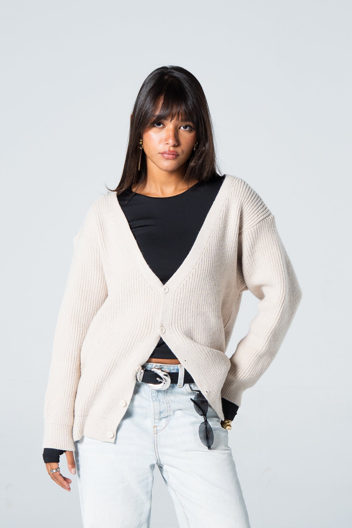 Blank Knitted Cardigan - Beige - #women