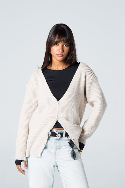 Blank Knitted Cardigan - Beige - #women