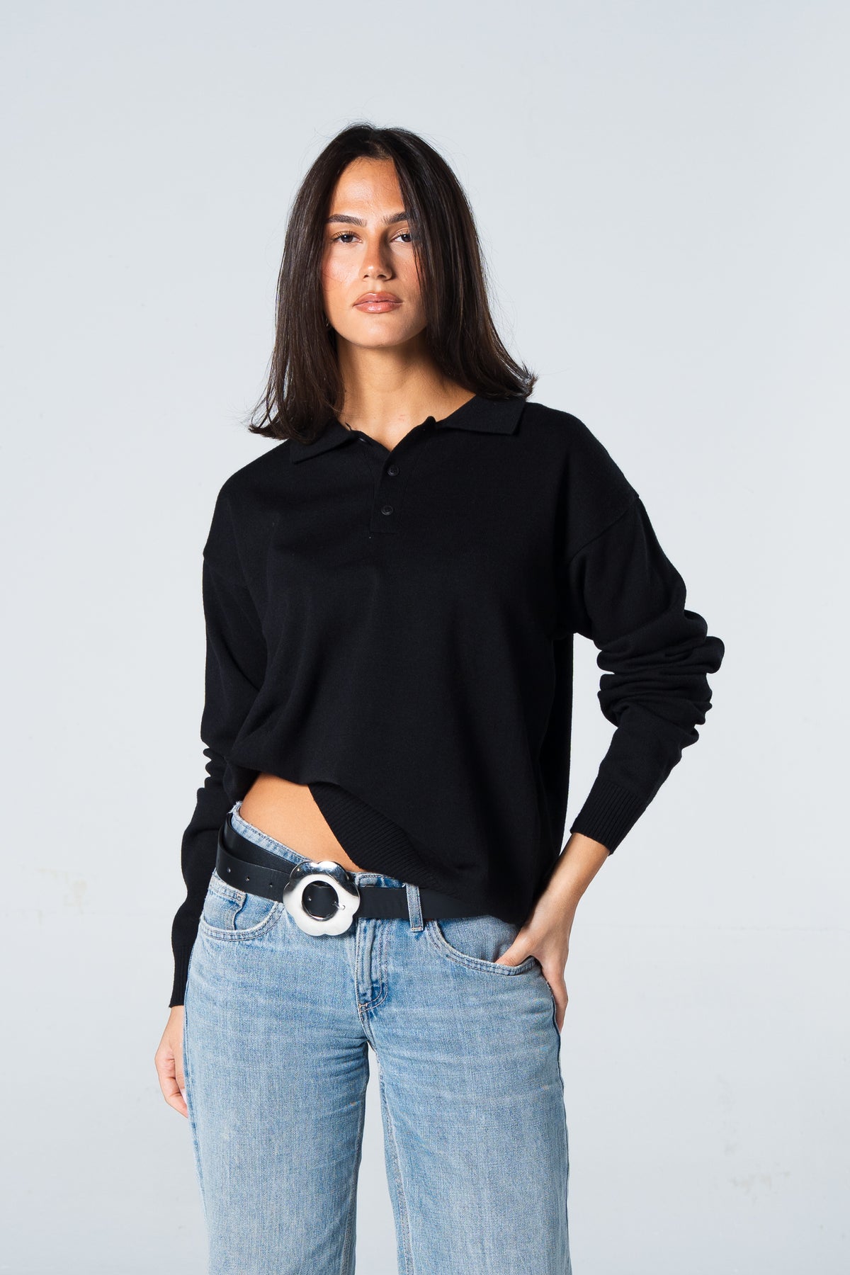 Blank Knitted Polo - Black - #women