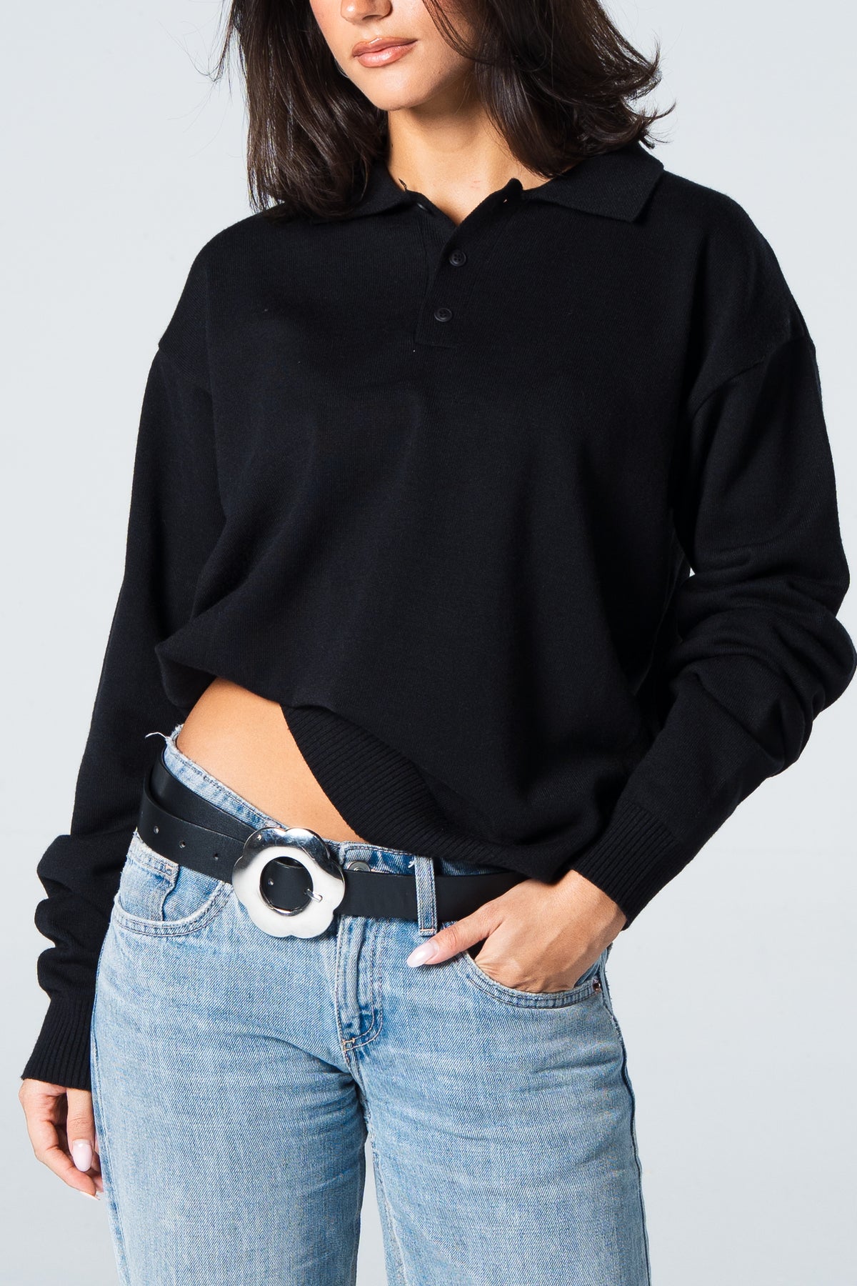 Blank Knitted Polo - Black - #women