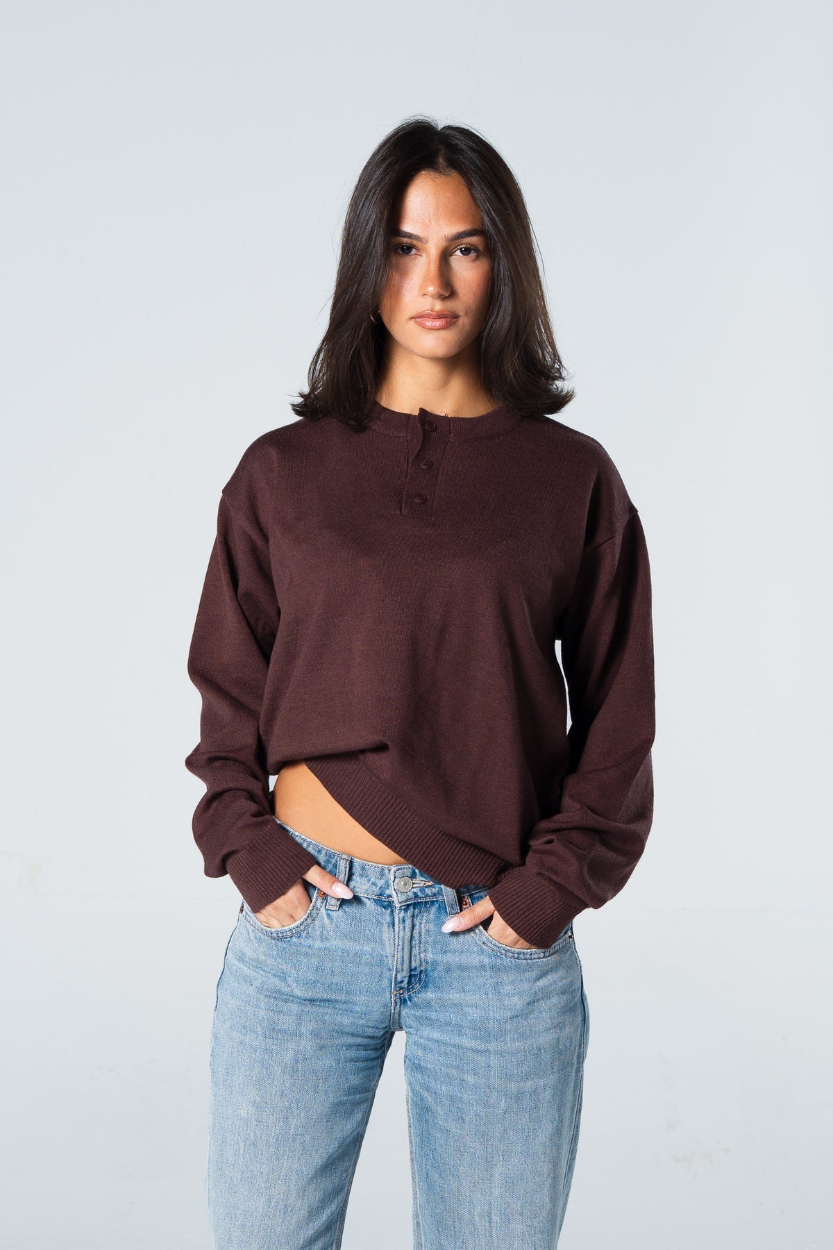 Blank Henley Knitted Sweater - Brown - #women