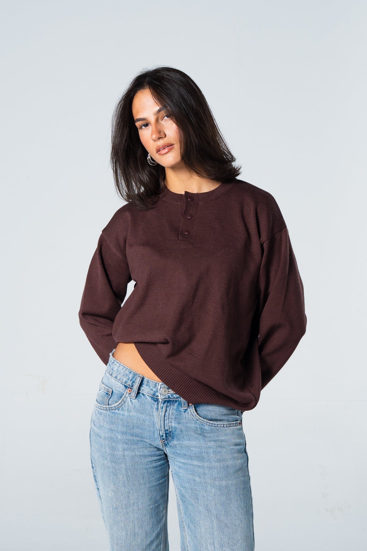Blank Henley Knitted Sweater - Brown - #women