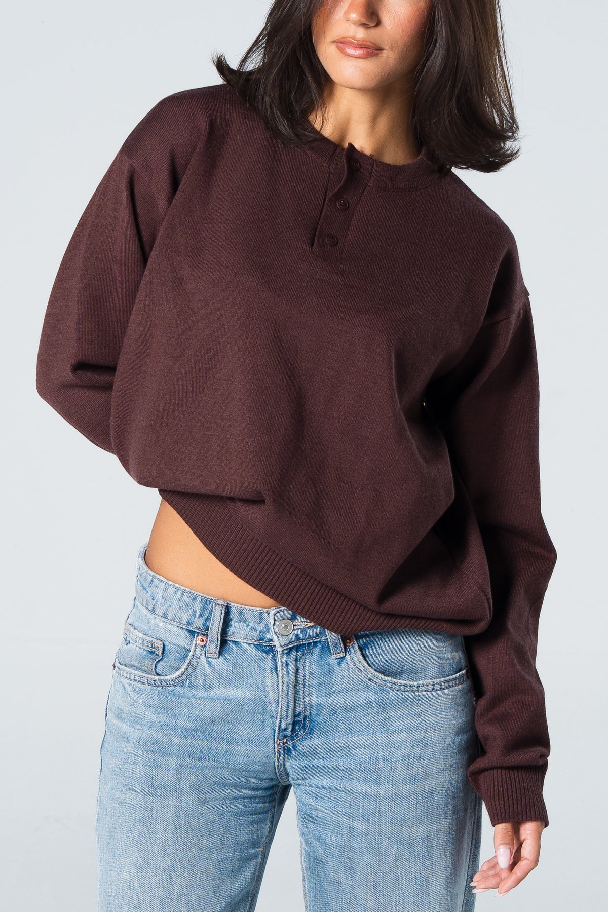 Blank Henley Knitted Sweater - Brown - #women