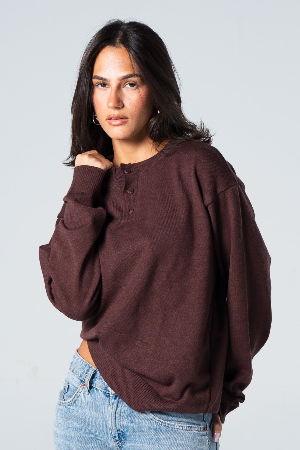 Blank Henley Knitted Sweater - Brown - #women