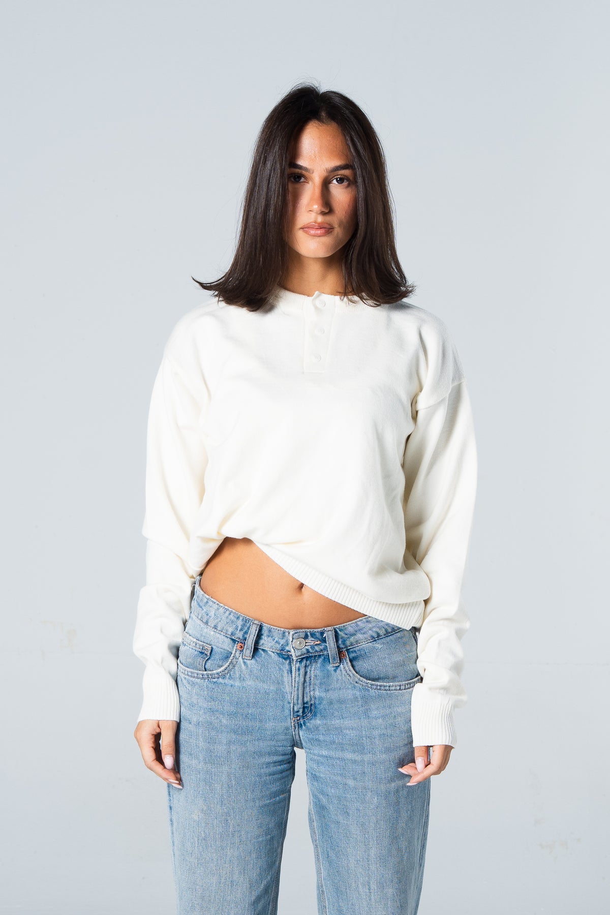 Blank Henley Knitted Sweater - White - #women