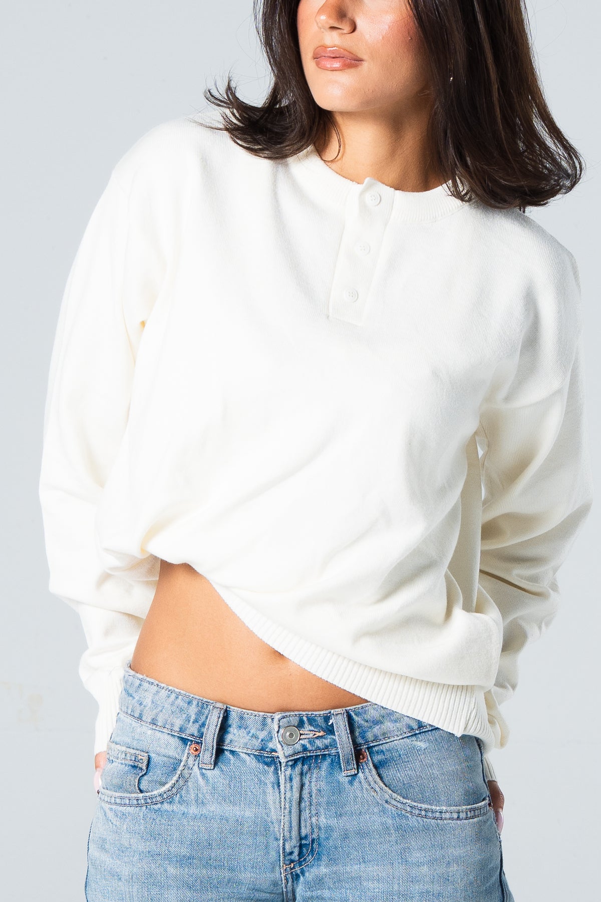 Blank Henley Knitted Sweater - White - #women