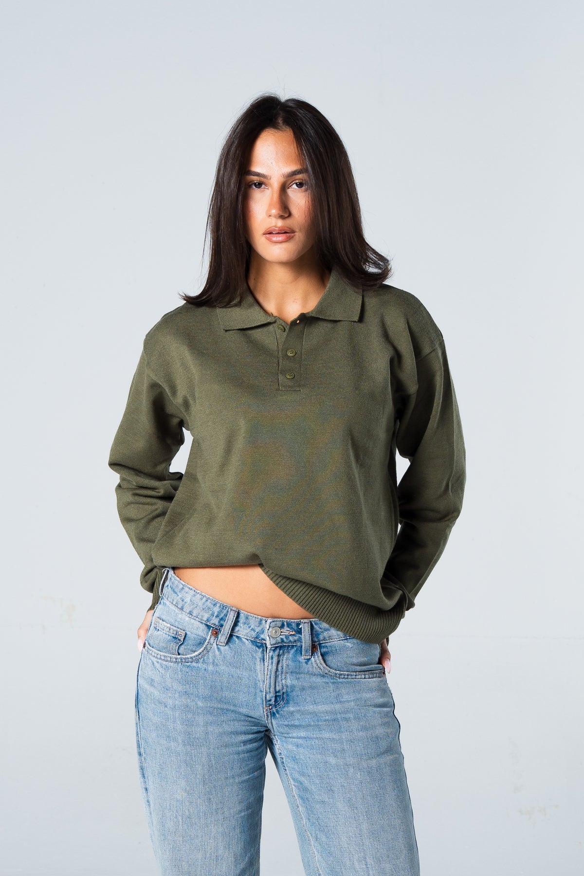 Blank Knitted Polo - Olive - #women