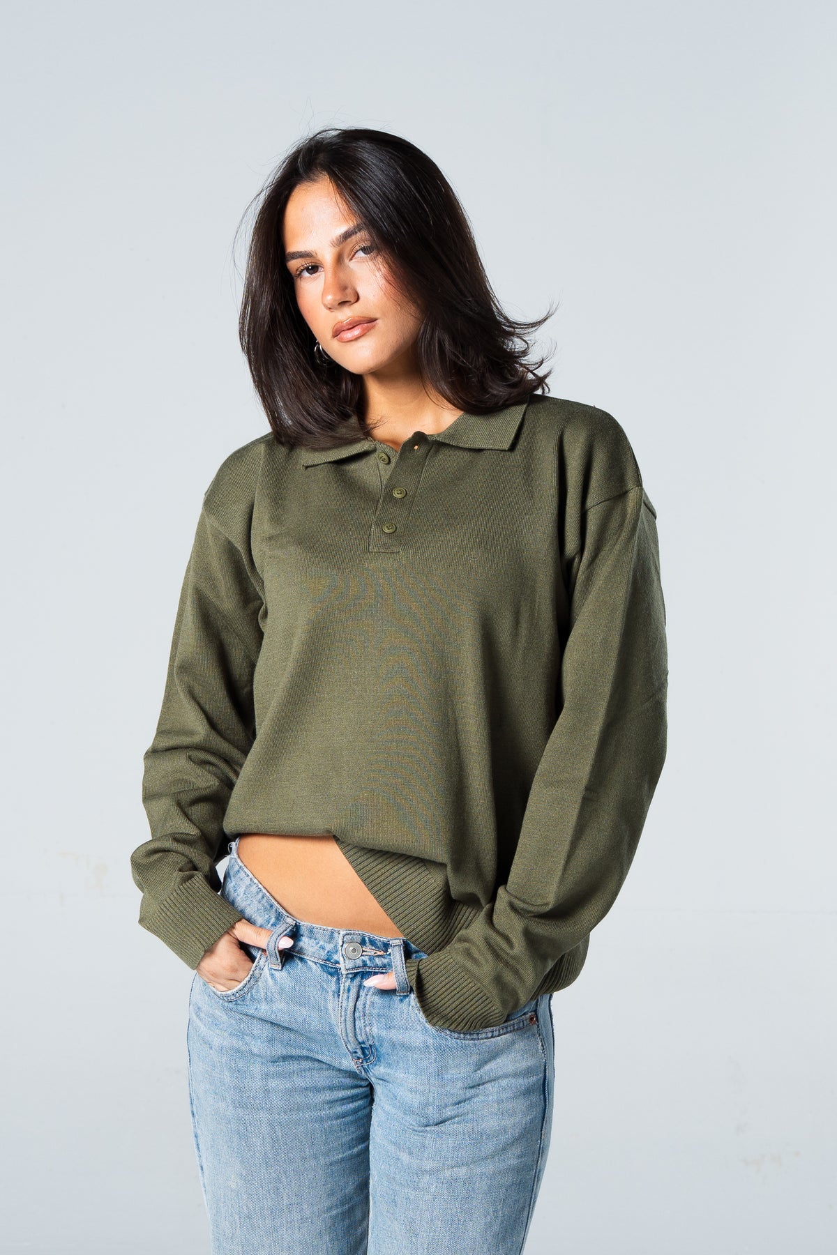 Blank Knitted Polo - Olive - #women