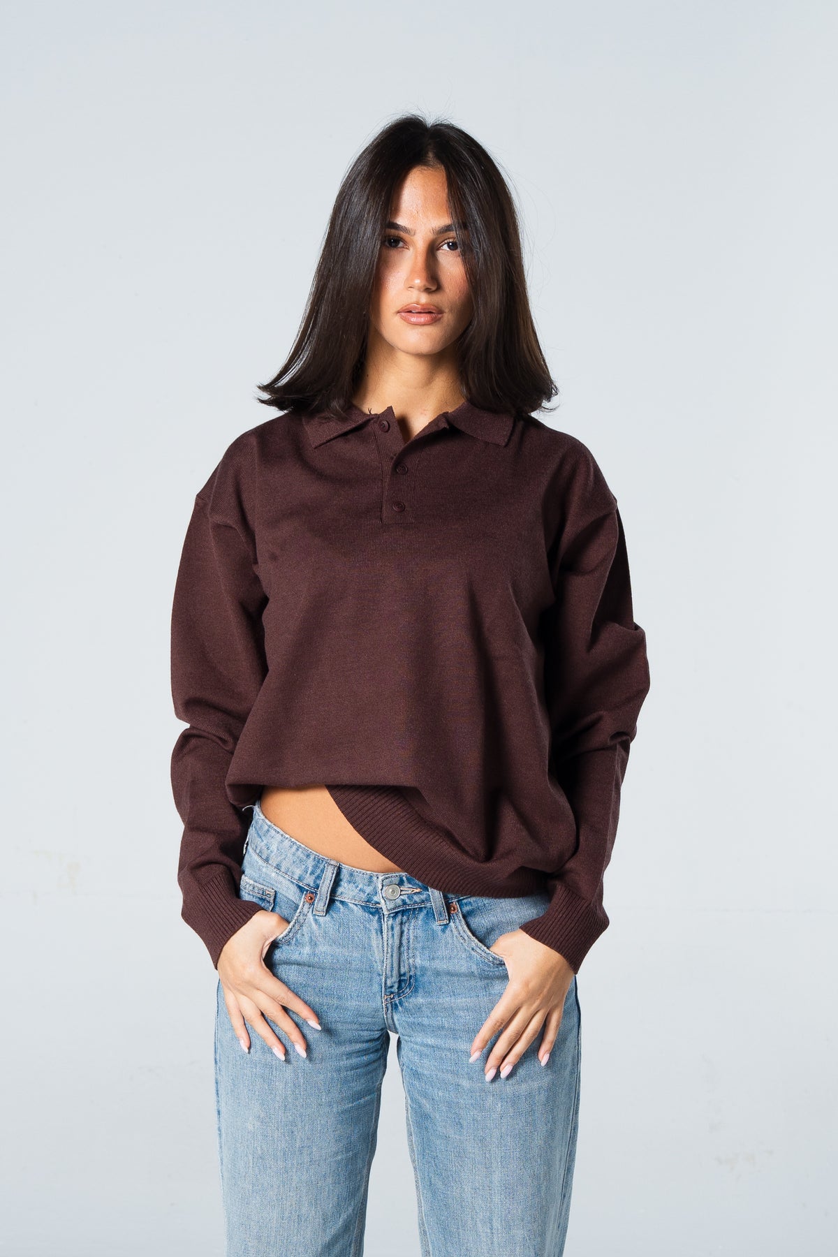 Blank Knitted Polo - Brown - #women