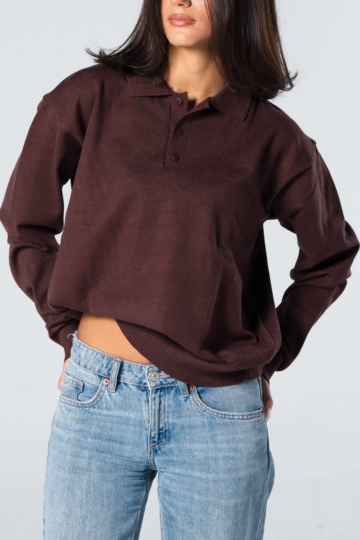 Blank Knitted Polo - Brown - #women