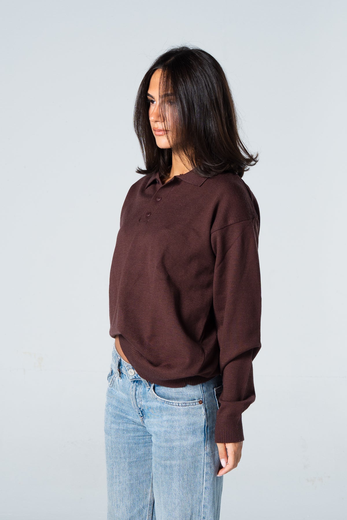 Blank Knitted Polo - Brown - #women
