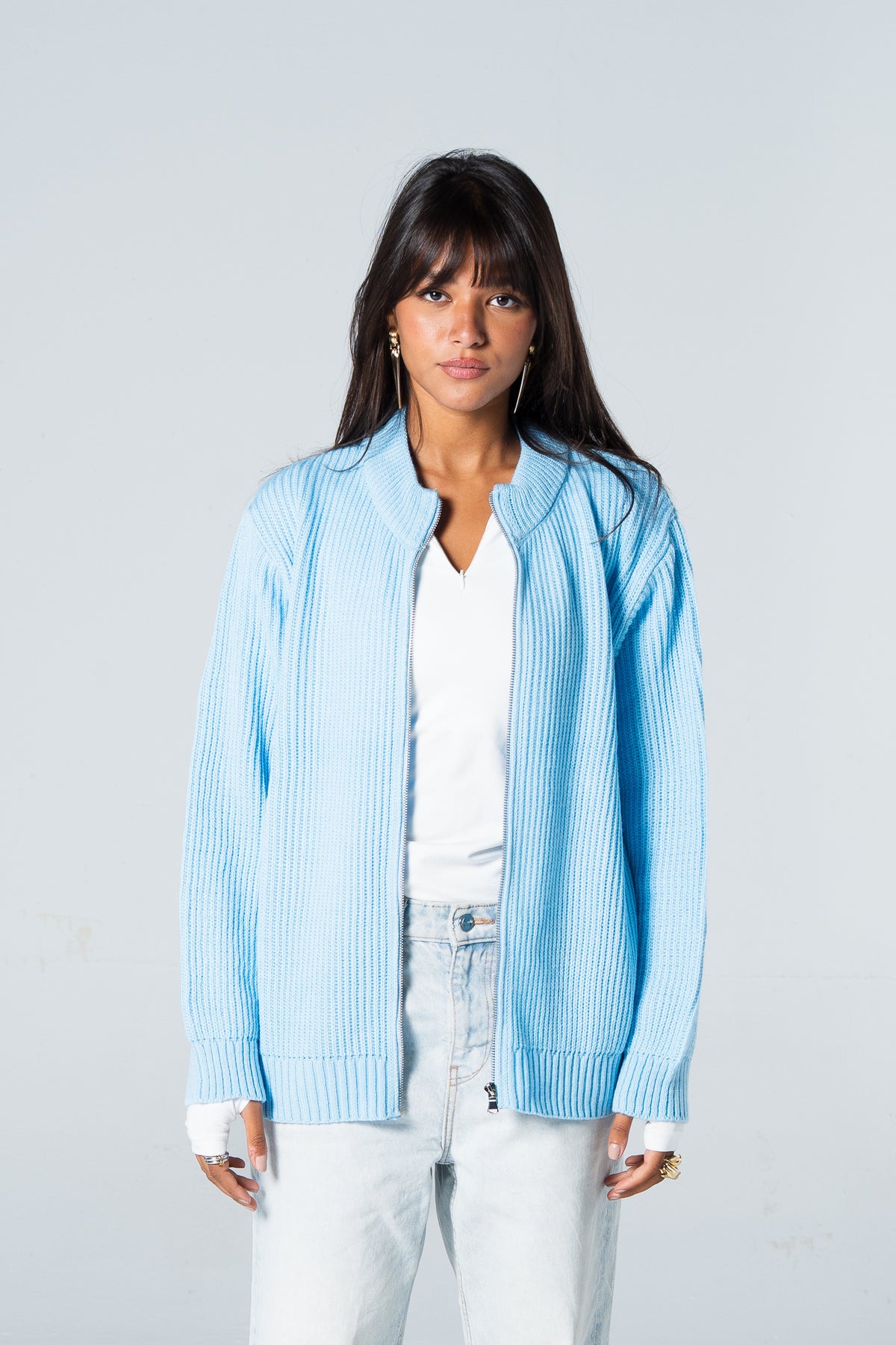 Blank Knitted Jacket - Baby Blue - #women