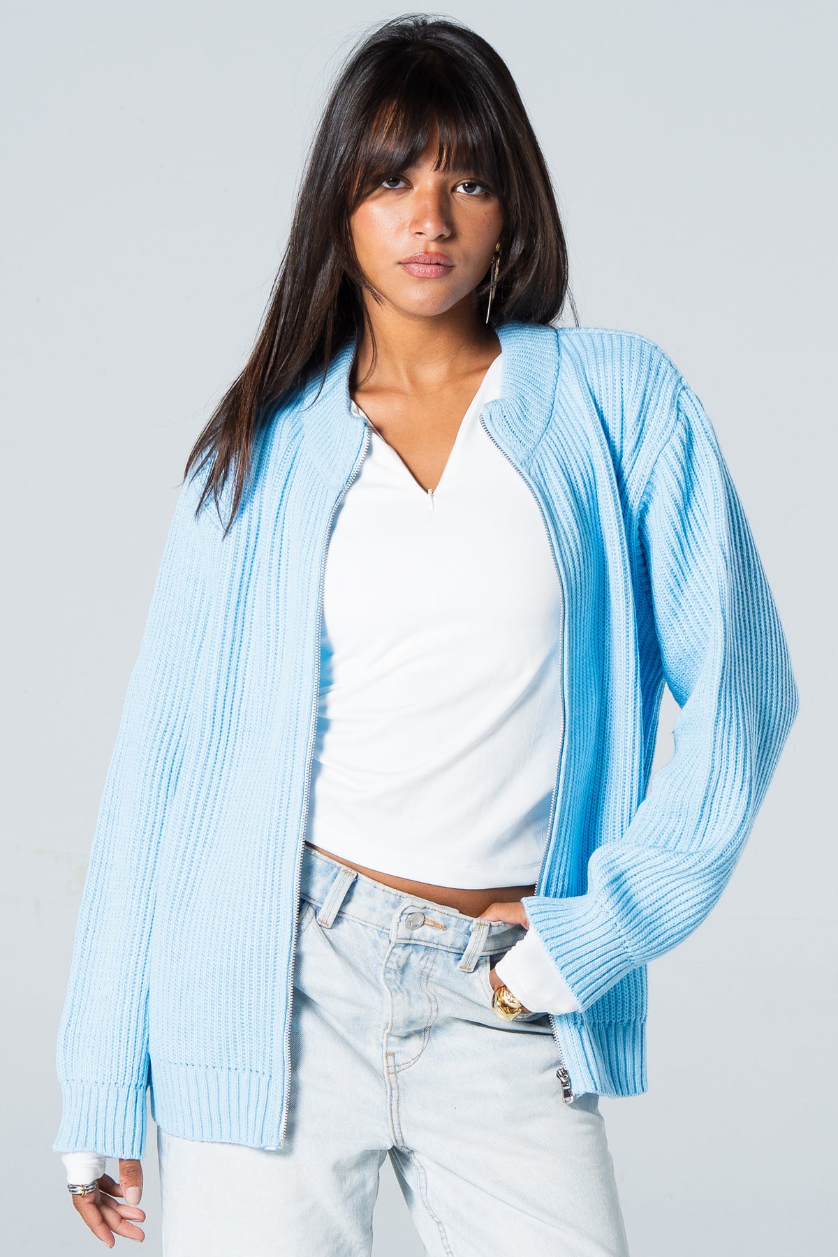 Blank Knitted Jacket - Baby Blue - #women