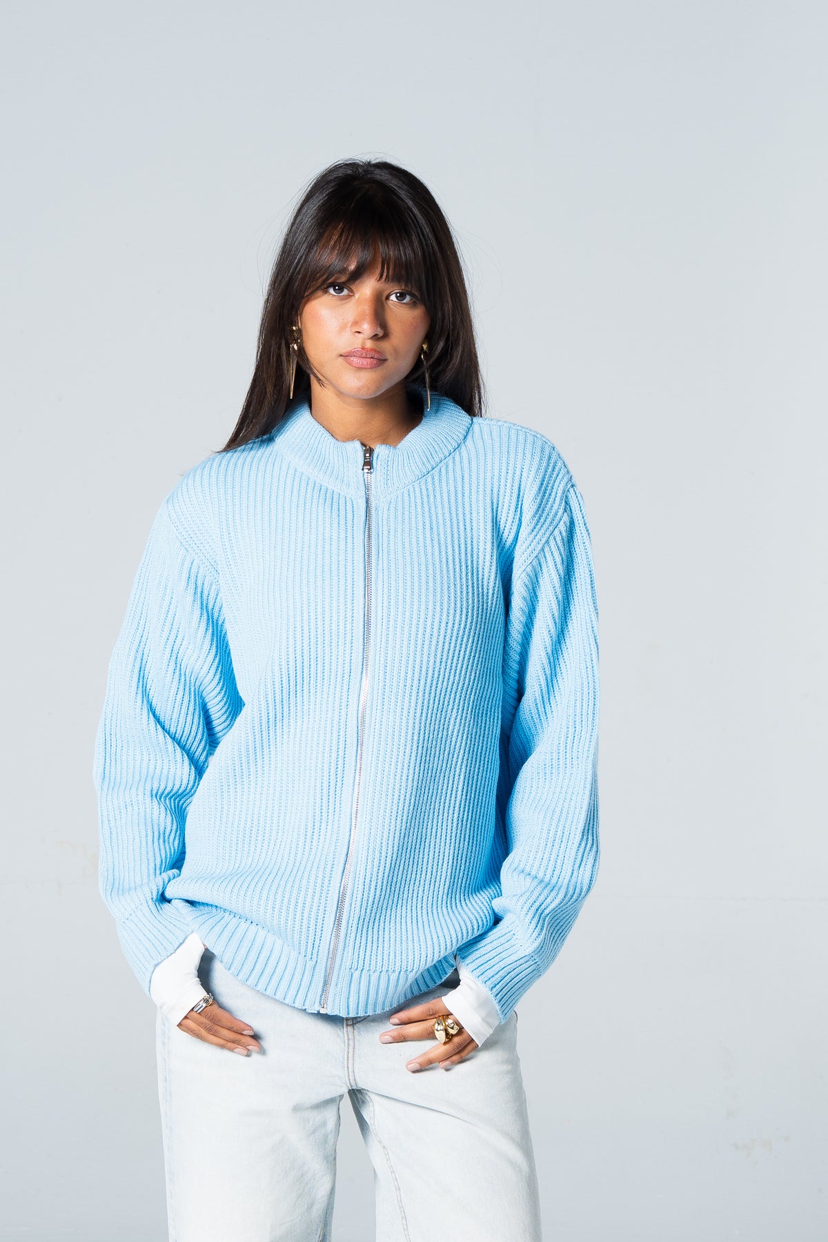 Blank Knitted Jacket - Baby Blue - #women