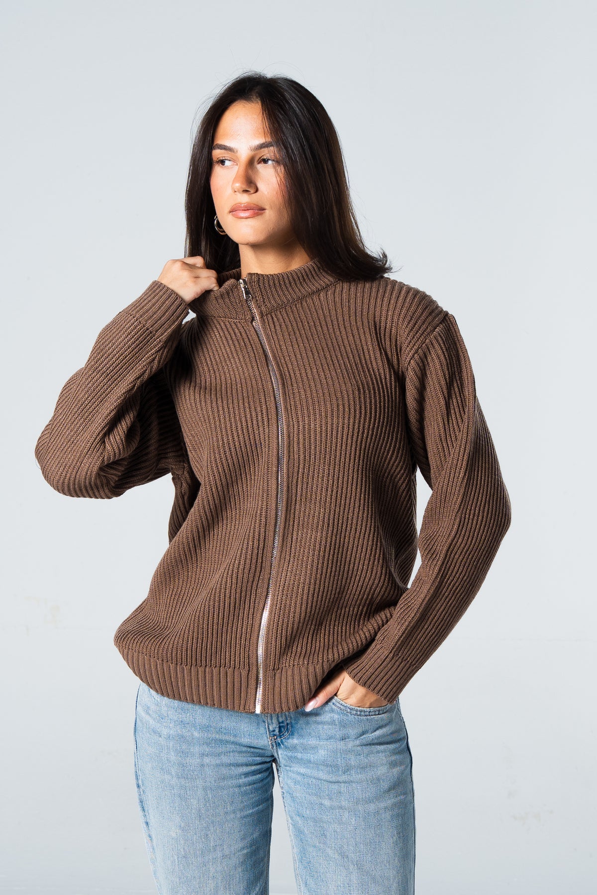 Blank Knitted Jacket - Brown - #women