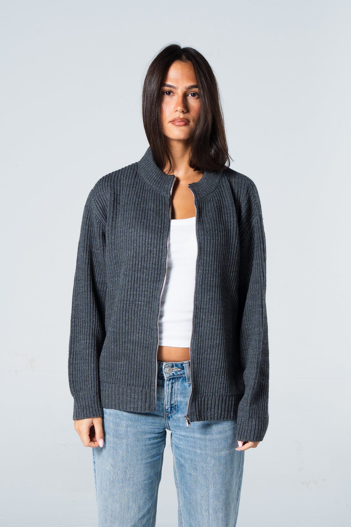 Blank Knitted Jacket - Grey - #women