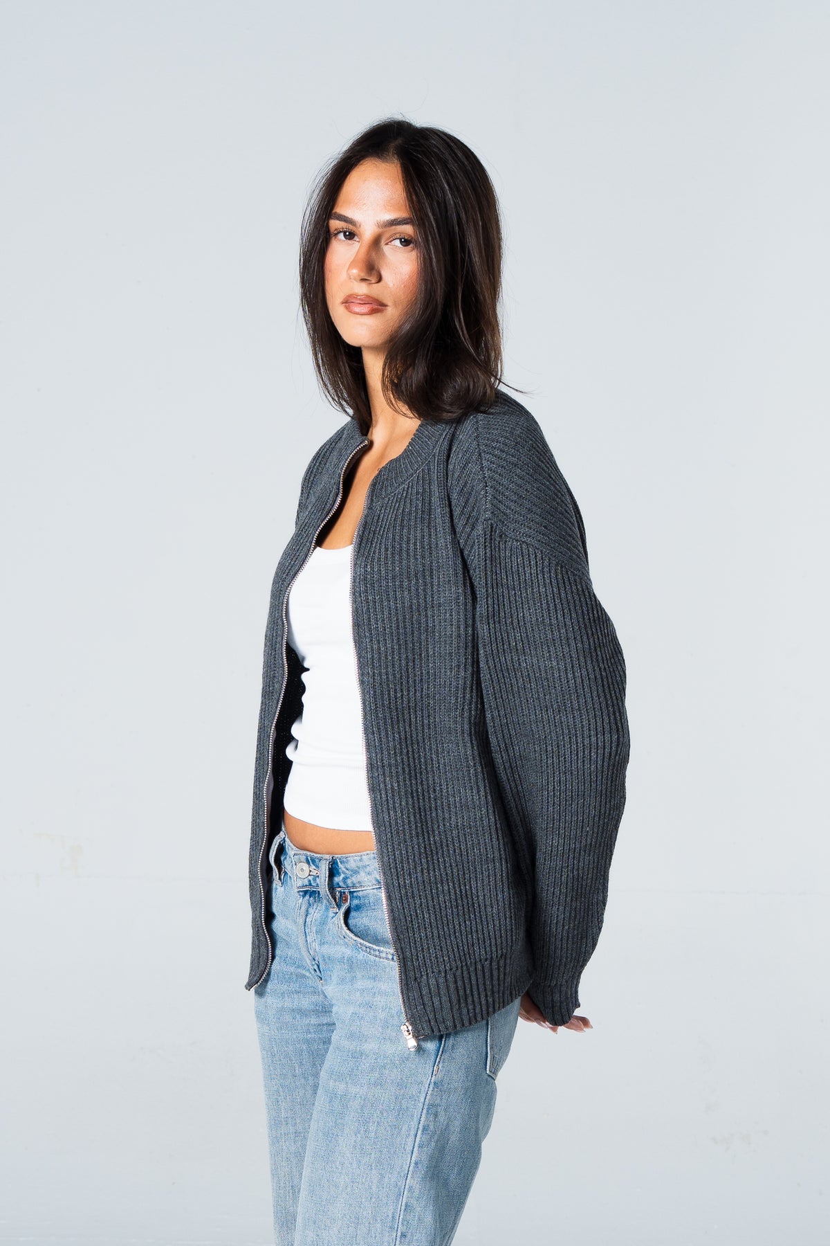 Blank Knitted Jacket - Grey - #women