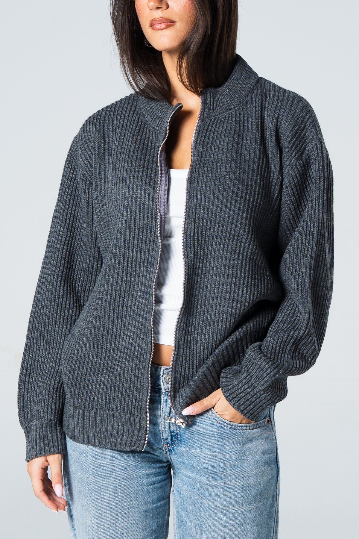 Blank Knitted Jacket - Grey - #women