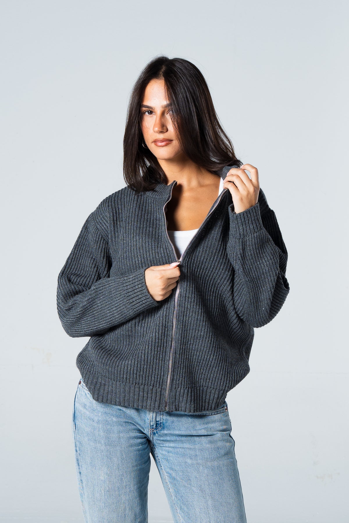 Blank Knitted Jacket - Grey - #women